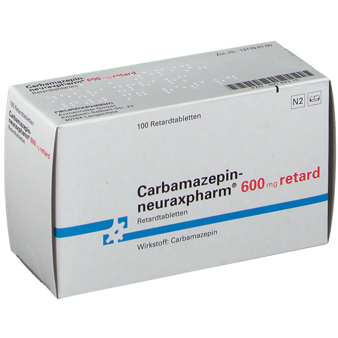 Schachtel Carbamazepin neuraxpharm 600 retard. Weiße Verpackung mit blauer Schrift. 100 Retardtabletten. Wirkstoff: Carbamazepin.