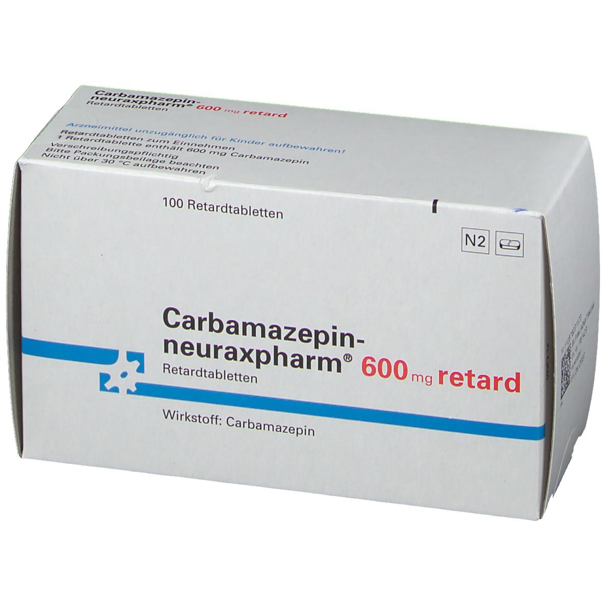 Schachtel Carbamazepin neuraxpharm 600 retard. Weiße Verpackung mit blauer Schrift. 100 Retardtabletten. Wirkstoff: Carbamazepin.