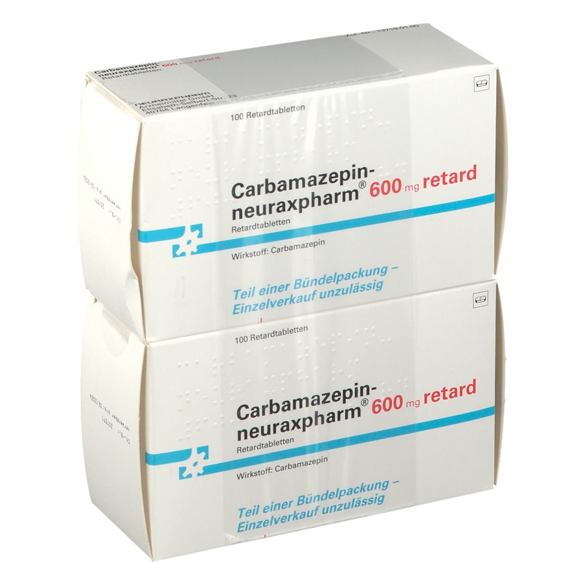 Zwei Kartons Carbamazepin neuraxpharm 600 mg retard. Weiße Verpackung mit blauer und roter Schrift. Aufschrift: 100 Retardtabletten.