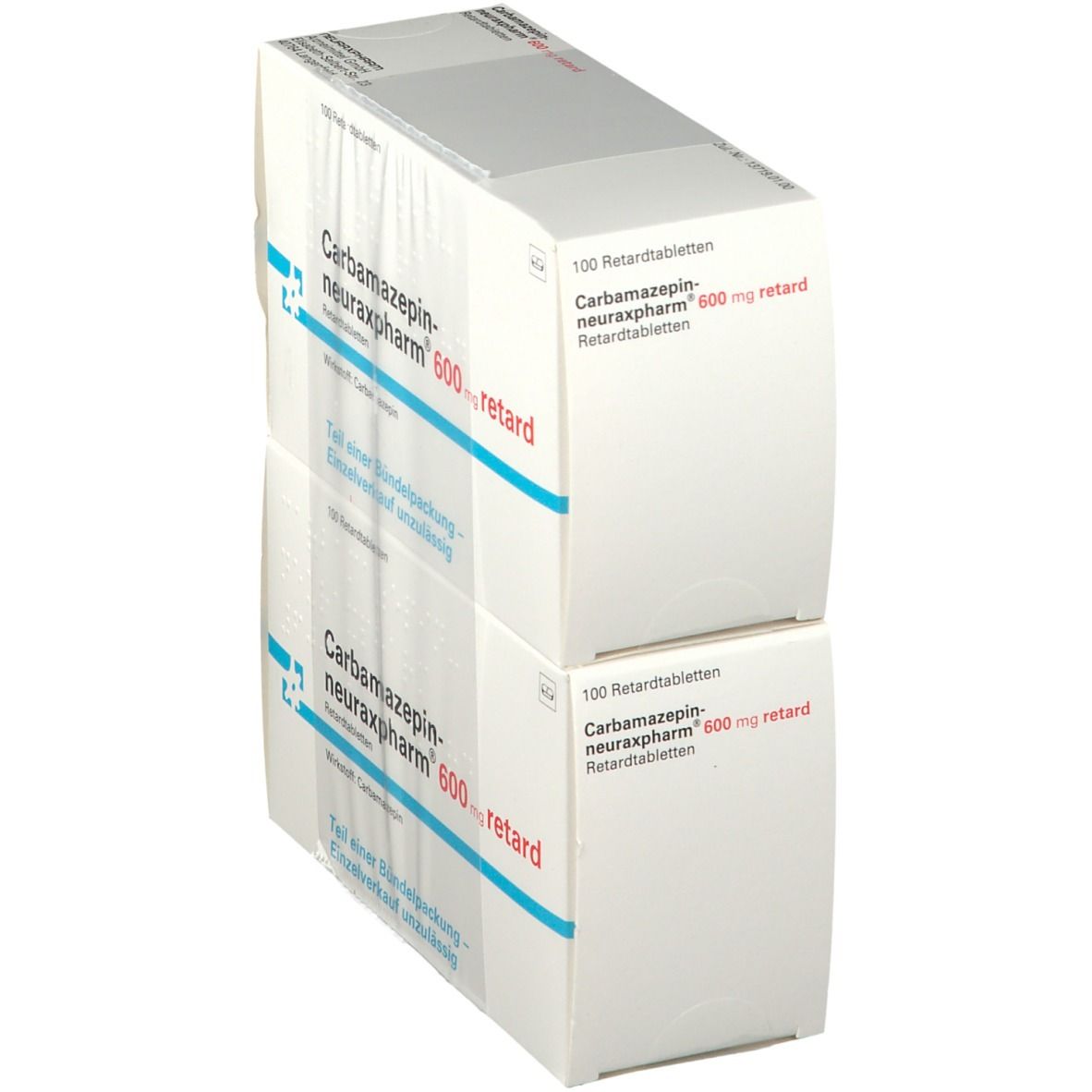 Zwei gestapelte Kartons Carbamazepin neuraxpharm 600 mg retard. Weiße Verpackung mit blauer und roter Schrift. Aufschrift: 100 Retardtabletten.