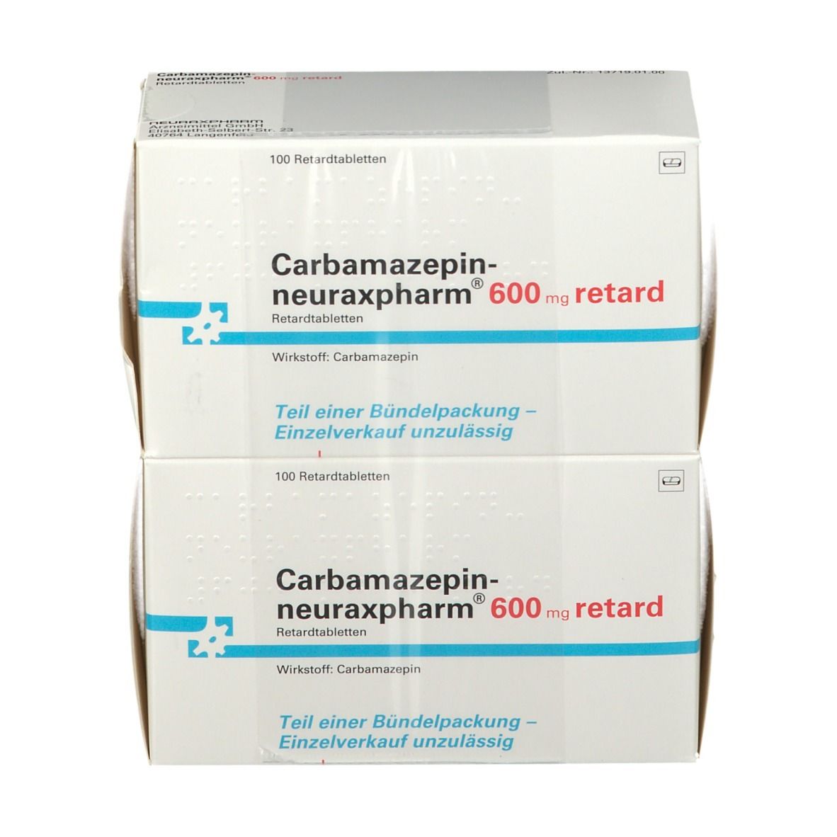 Zwei gestapelte Kartons Carbamazepin neuraxpharm 600 mg retard. Weiße Verpackung mit blauer und roter Schrift. Aufschrift: 100 Retardtabletten.