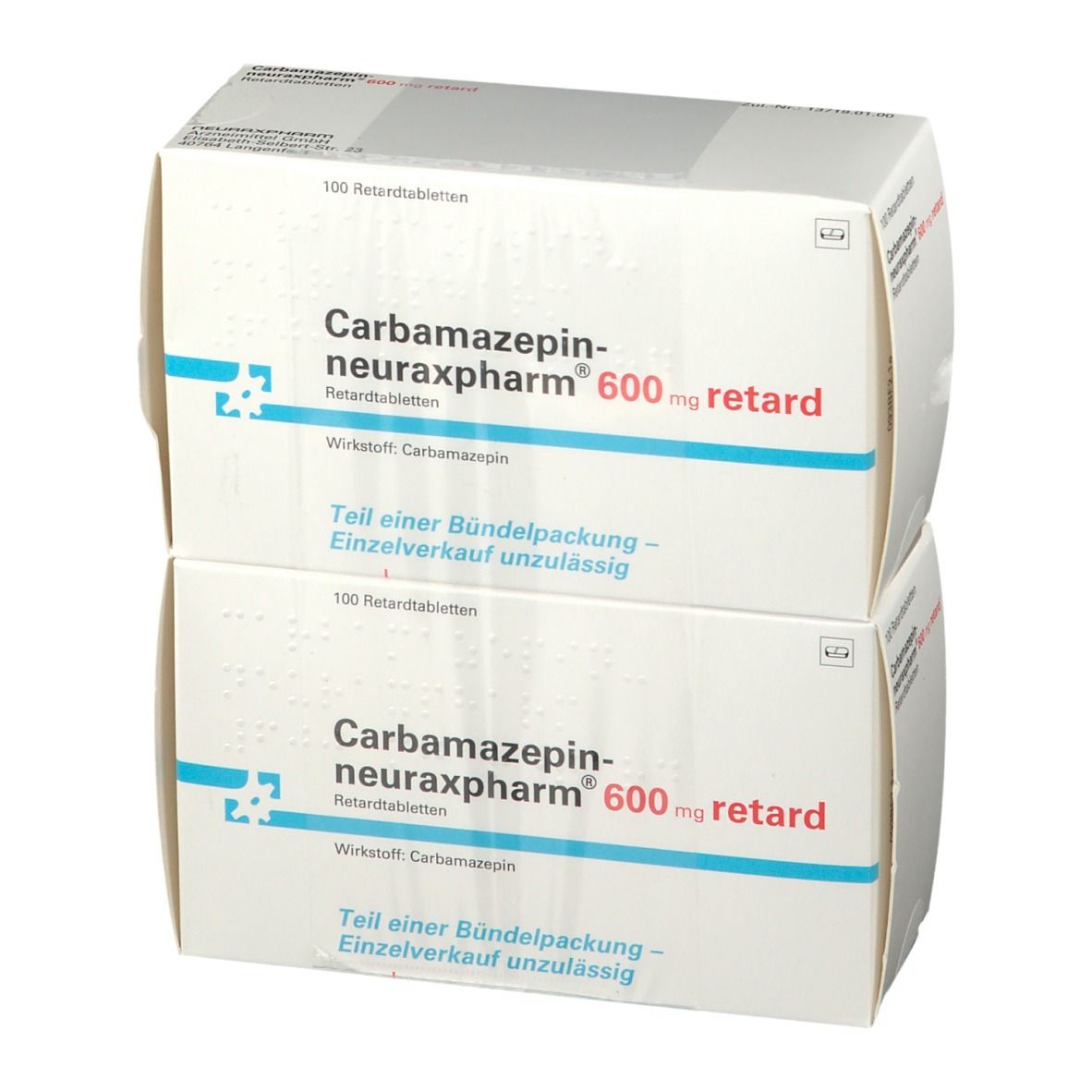 Zwei gestapelte Kartons Carbamazepin neuraxpharm 600 mg retard. Weiße Verpackung mit blauer und roter Schrift. Aufschrift: 100 Retardtabletten.