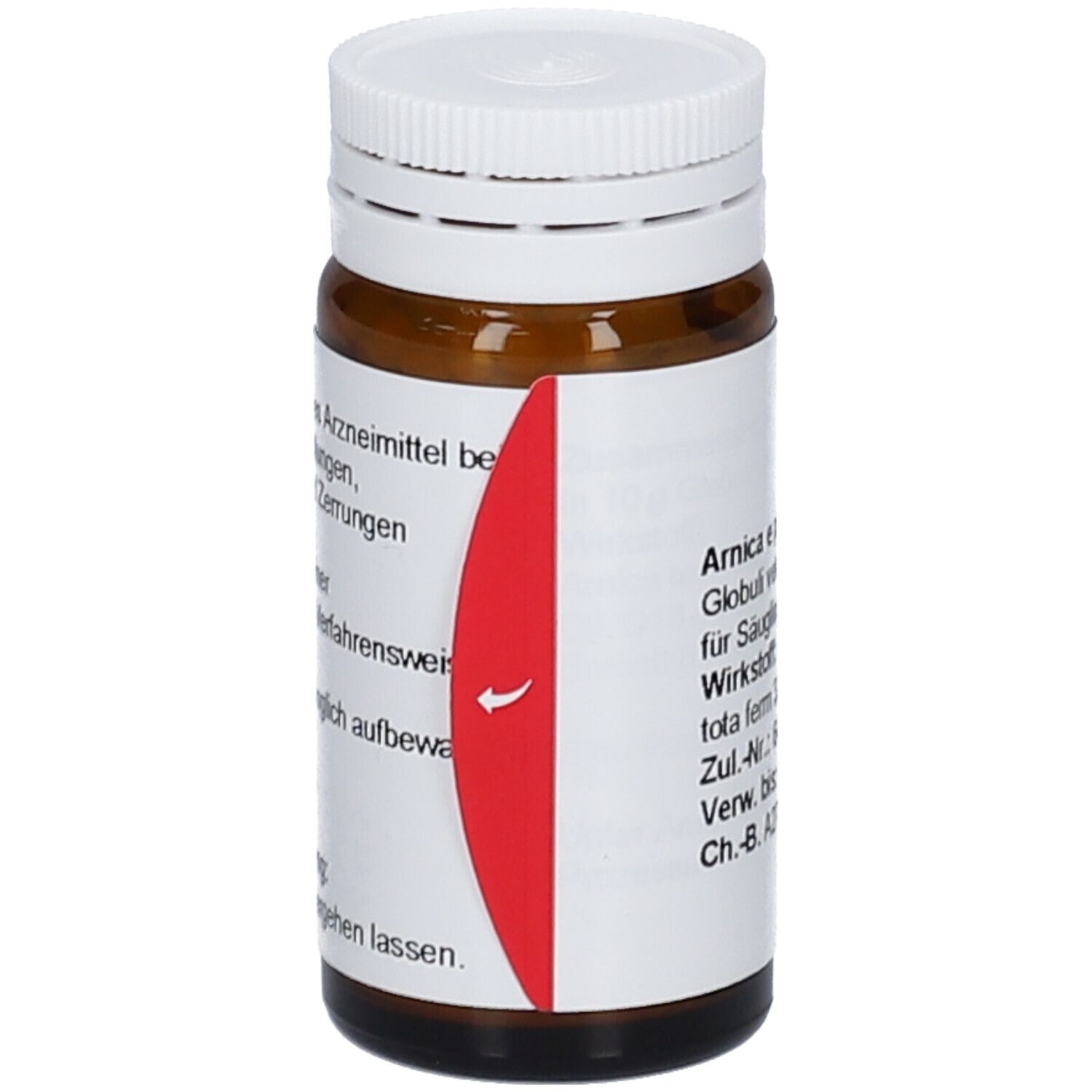 Braune Glasflasche mit weißem Deckel. Rotes Etikett mit Pfeil. Produktinformationen: WALA Arnica e planta tota D10 Globuli.