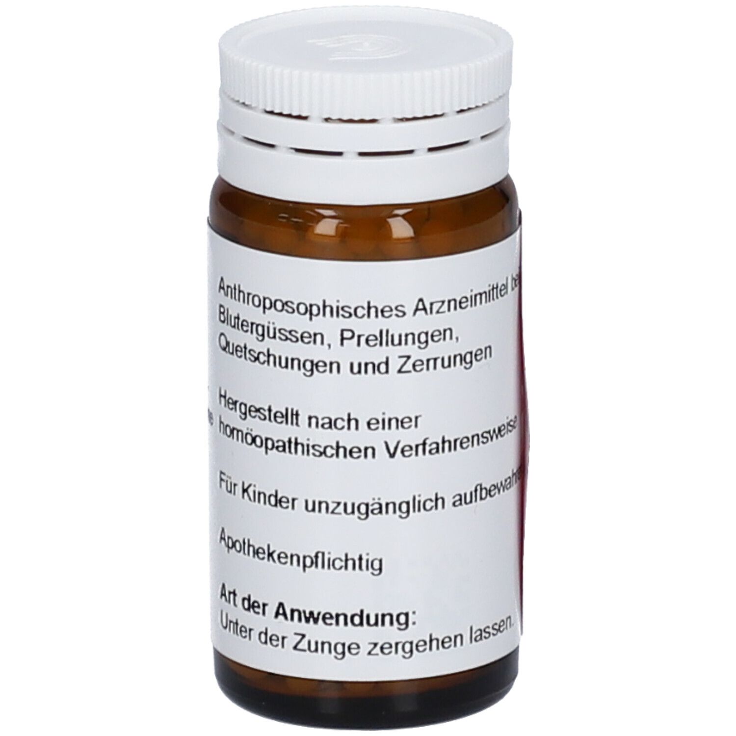 Braune Glasflasche mit weißem Deckel. Etikett mit Produktinformationen: WALA Arnica e planta tota D10 Globuli. Anthroposophisches Arzneimittel.