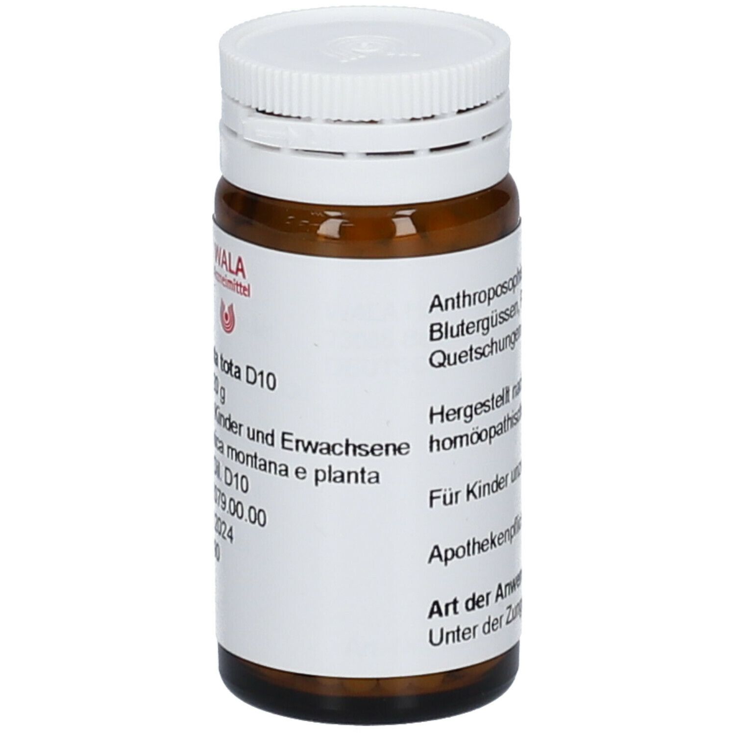 Braune Glasflasche mit weißem Deckel. Etikett mit Produktinformationen: WALA Arnica e planta tota D10 Globuli. Für Kinder unzugänglich aufbewahren.