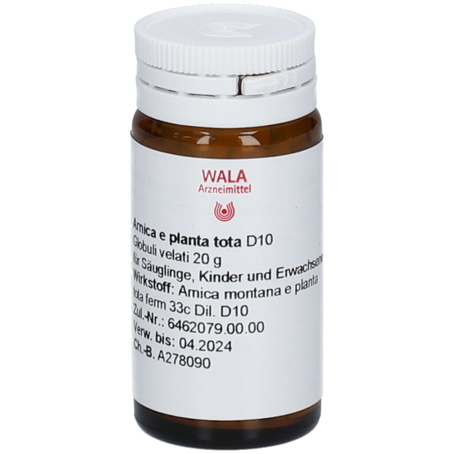 Braune Glasflasche mit weißem Deckel. Etikett mit Produktinformationen: WALA Arnica e planta tota D10 Globuli. WALA Logo.