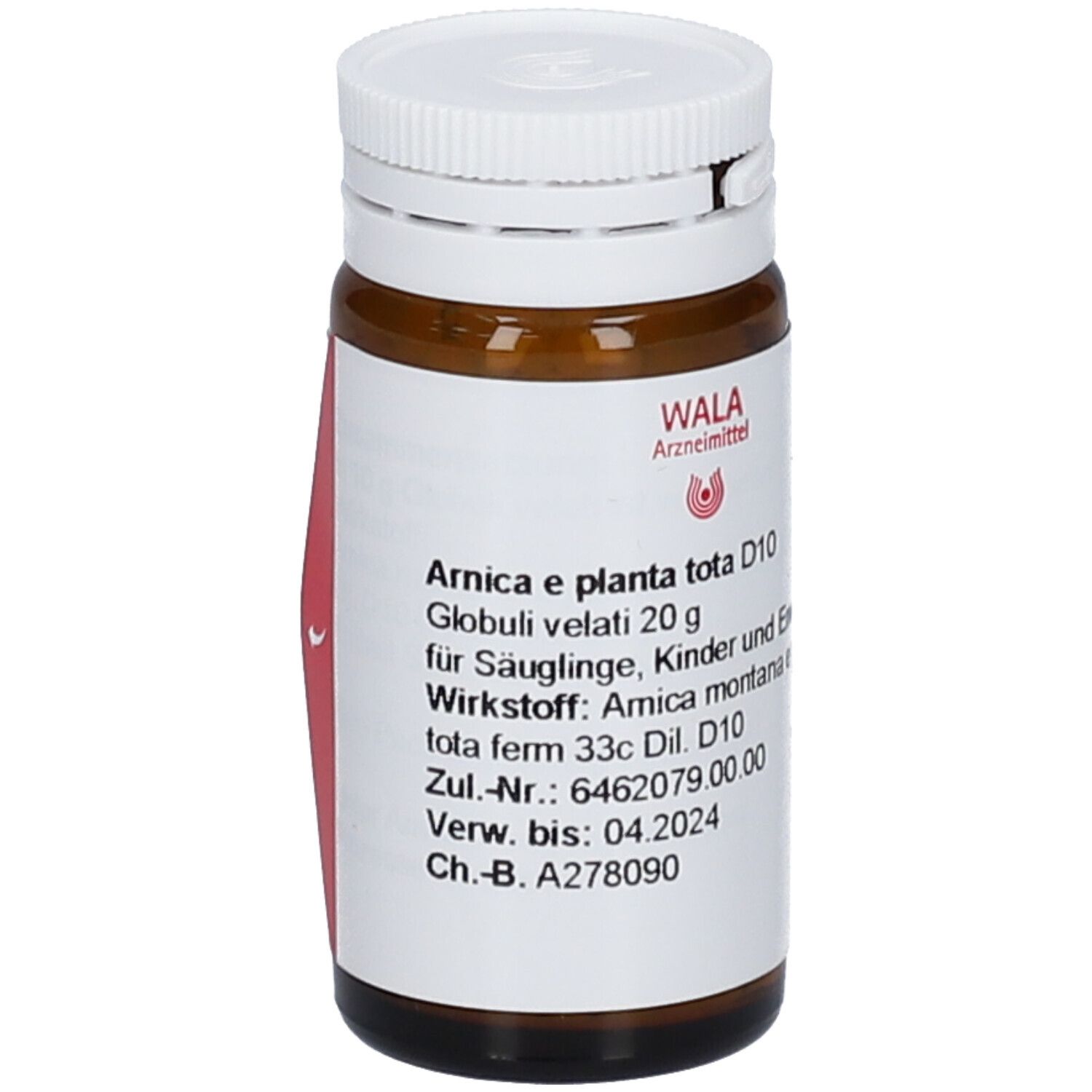 Braune Glasflasche mit weißem Deckel. Rotes Etikett mit Pfeil. Produktinformationen: WALA Arnica e planta tota D10 Globuli. WALA Logo.