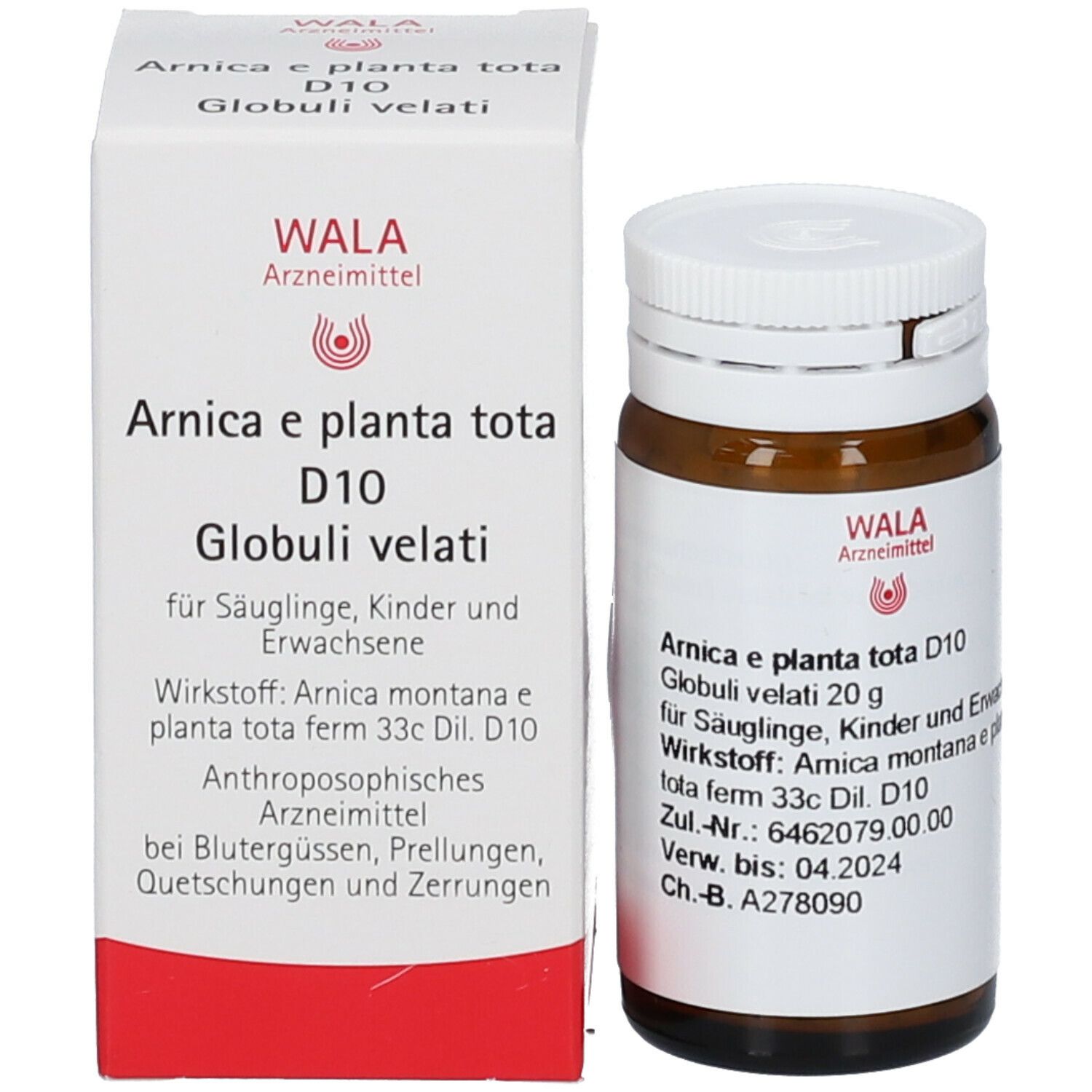 Produktflasche und Schachtel. Schachtel mit Produktinformationen: WALA Arnica e planta tota D10 Globuli. Flasche daneben.