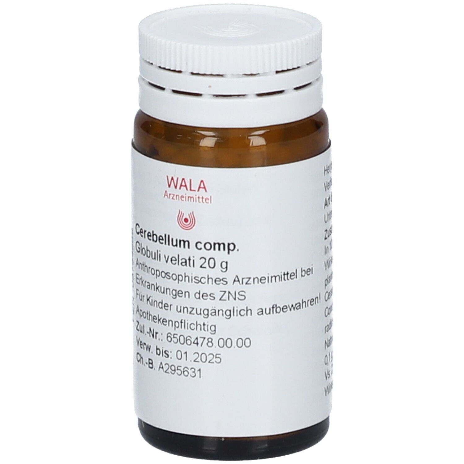 Braune Glasflasche mit weißem Deckel. Etikett mit Produktname, Marke WALA und Inhaltsangabe: Globuli velati 20 g.
