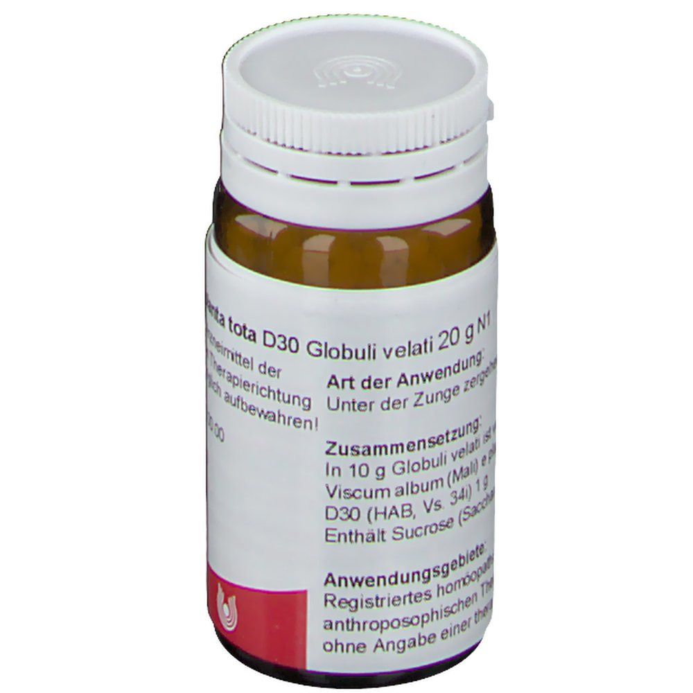 Braune Glasflasche, weißer Deckel. Beschriftung: Viscum Mali e planta tota D30 Globuli velati 20 g N1. Anwendung: Unter der Zunge zergehen lassen.