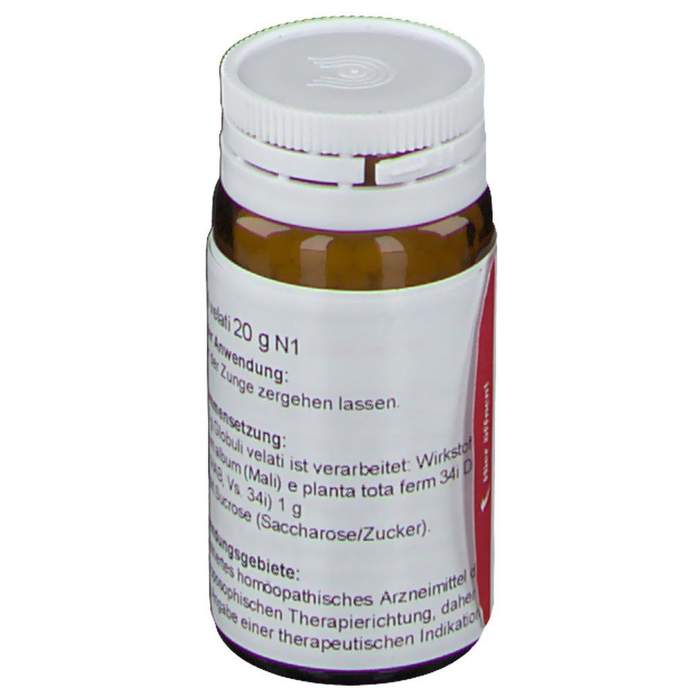 Braune Glasflasche, weißer Deckel. Beschriftung: Viscum Mali e planta tota D30 Globuli velati 20 g N1. Inhaltsstoffe. Anwendungshinweise.