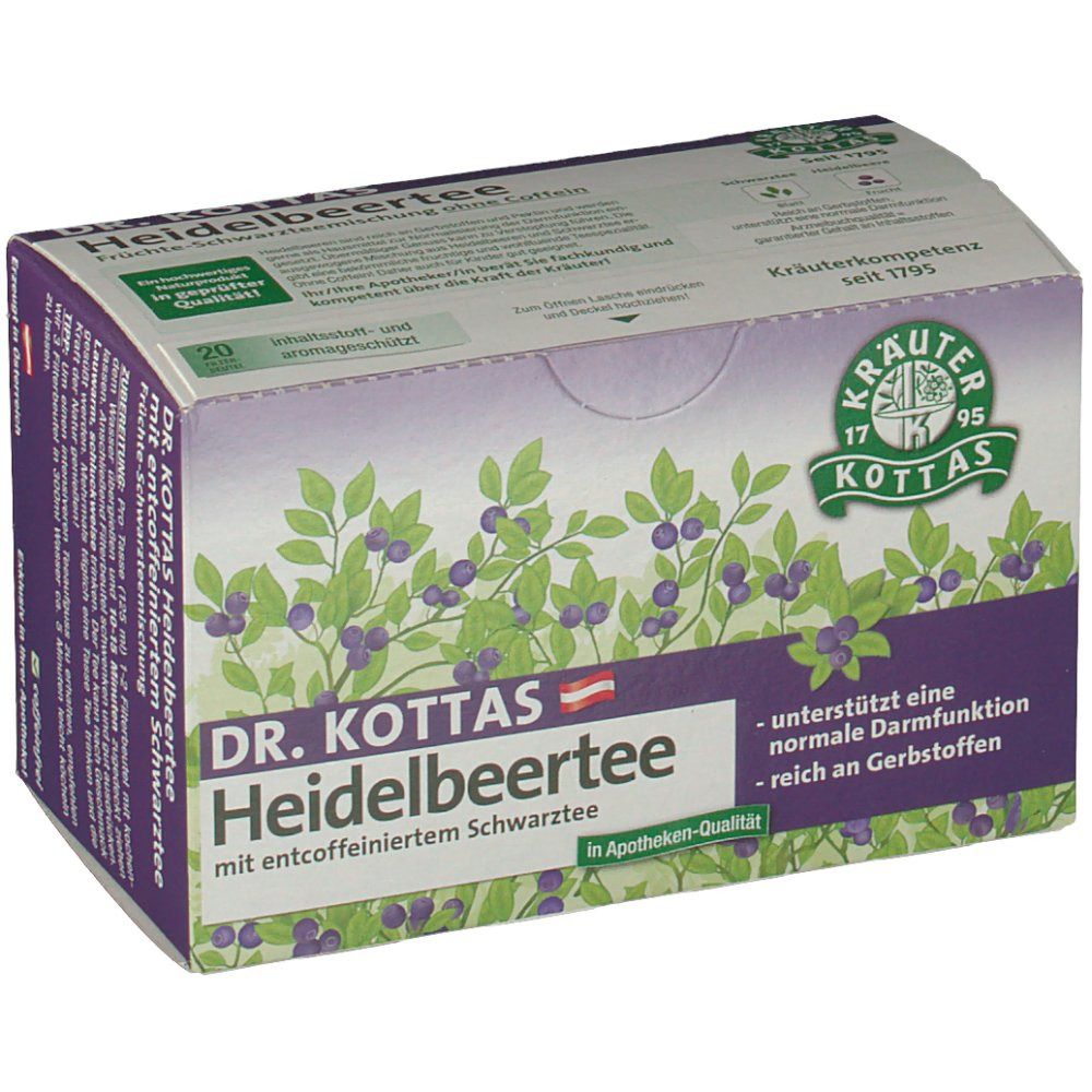 Schachtel Dr. Kottas Heidelbeertee. Aufdrucke: Heidelbeeren, Kräuterkompetenz, 20 Beutel, ohne Koffein, Apotheken-Qualität.