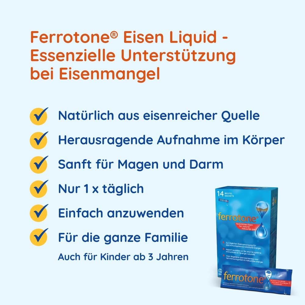 Blauer Hintergrund mit ferrotone®-Schachtel und Beutel. Text: ferrotone® Eisen Liquid. Vorteile von Eisen.