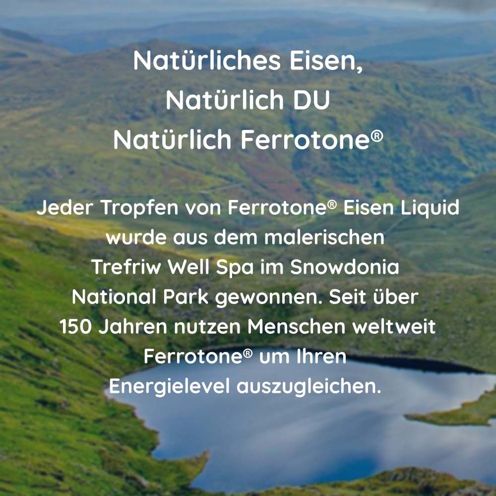 Landschaft mit See. Text: Natürliches Eisen, Natürlich DU, Natürlich ferrotone®. Text über Herkunft.