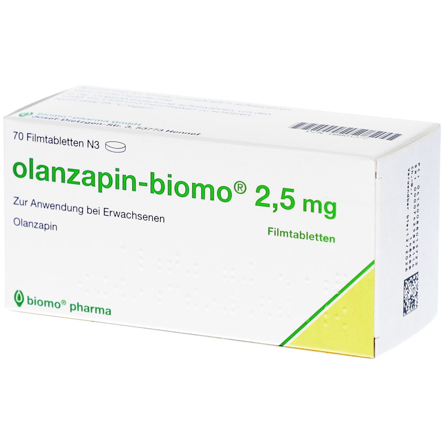 Schachtel mit "olanzapin-biomo 2,5 mg Filmtabletten". Aufschrift: 70 Filmtabletten N3. Grün-weiße Verpackung mit Logo.