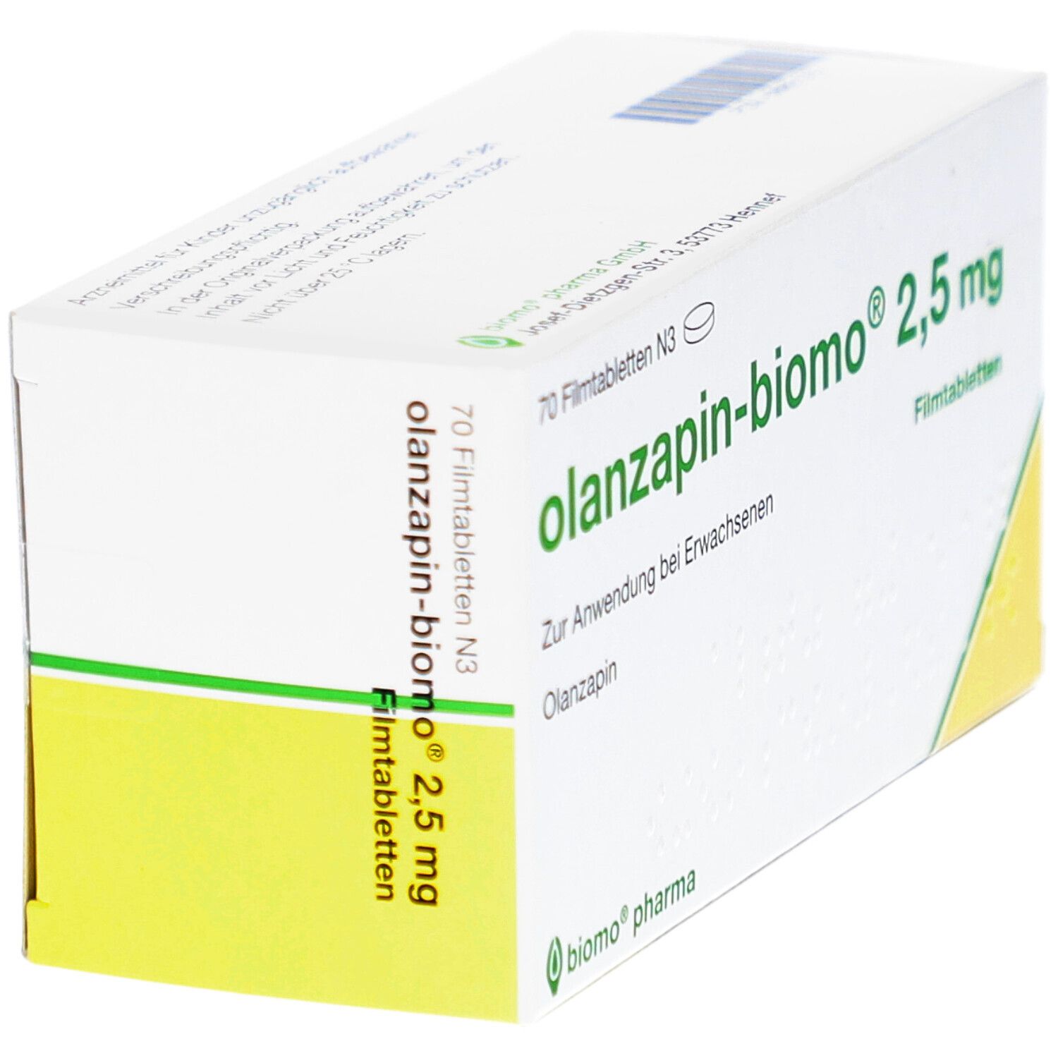 Schachtel "olanzapin-biomo 2,5 mg Filmtabletten" in Schrägansicht. Aufschrift: 70 Filmtabletten N3. Grün-weiße Verpackung mit Logo.