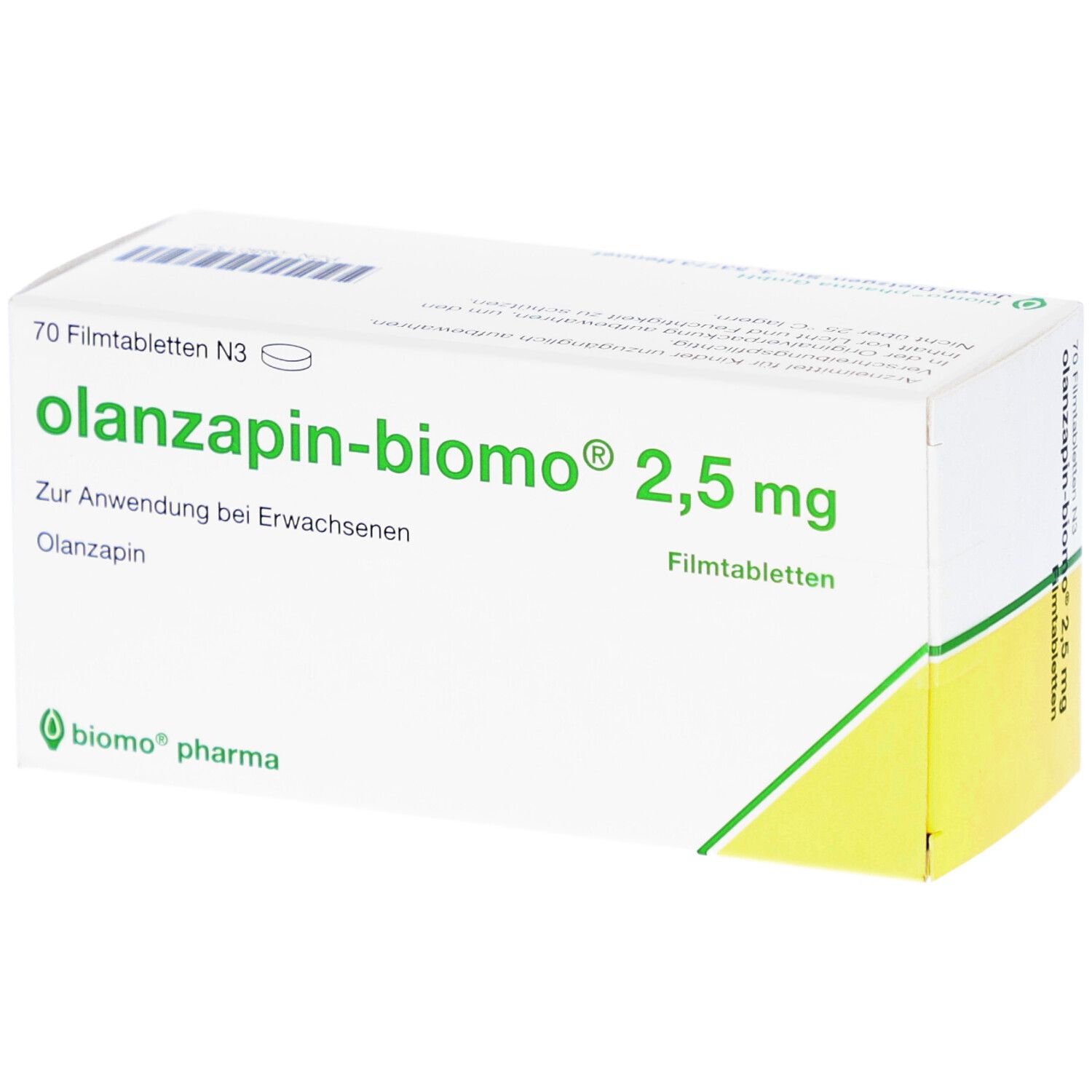Schachtel "olanzapin-biomo 2,5 mg Filmtabletten". Aufschrift: 70 Filmtabletten N3. Grün-weiße Verpackung mit Logo.