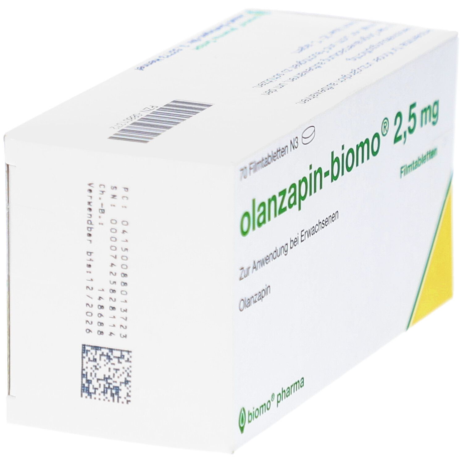 Schachtel "olanzapin-biomo 2,5 mg Filmtabletten" in Schrägansicht. Aufschrift: 70 Filmtabletten N3. Grün-weiße Verpackung mit Logo.