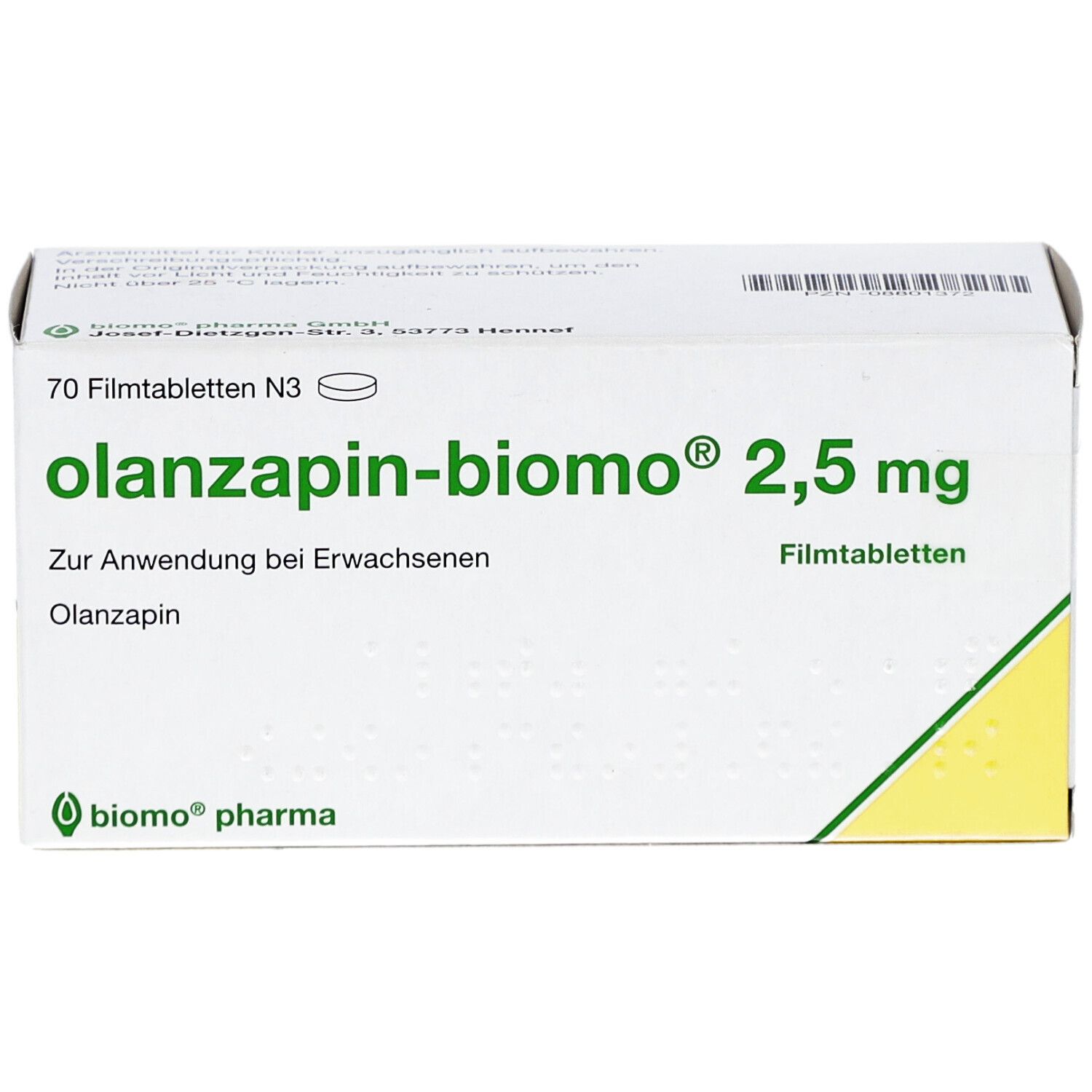 Schachtel "olanzapin-biomo 2,5 mg Filmtabletten". Aufschrift: 70 Filmtabletten N3. Grün-weiße Verpackung mit Logo.