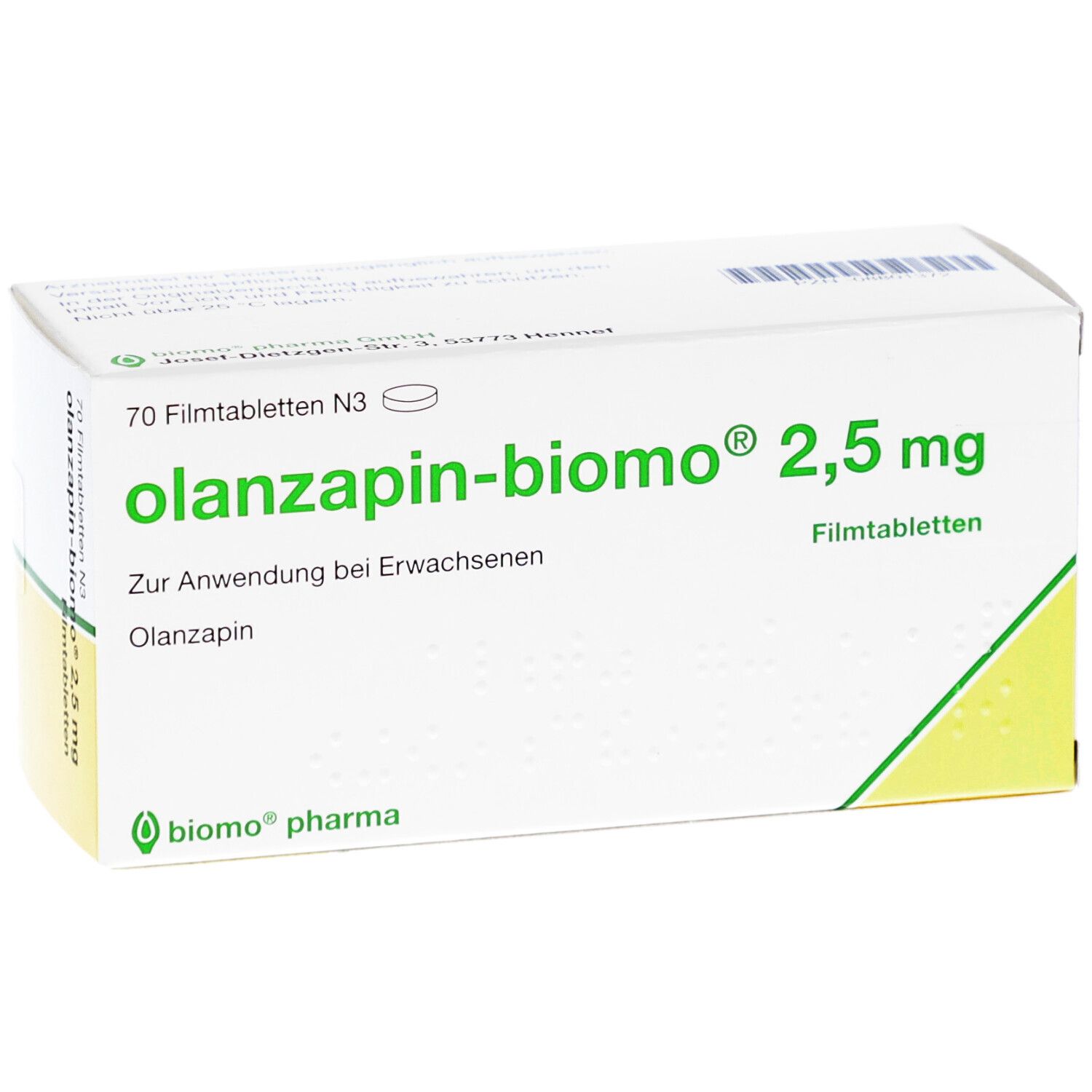 Schachtel "olanzapin-biomo 2,5 mg Filmtabletten". Aufschrift: 70 Filmtabletten N3. Grün-weiße Verpackung mit Logo.