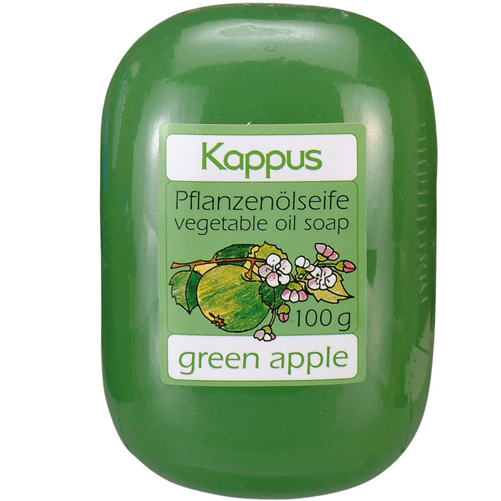 Grüne Seife mit Etikett. Aufschrift: Kappus Pflanzenölseife, vegetable oil soap, 100g, green apple. Abbildung eines Apfels.