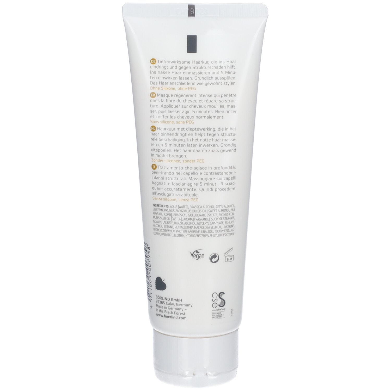 Weiße Tube mit "ANNEMARIE BÖRLIND" und "hair mask" Aufdruck. Goldfarbener Streifen. Text in Deutsch, Französisch, Niederländisch und Italienisch.