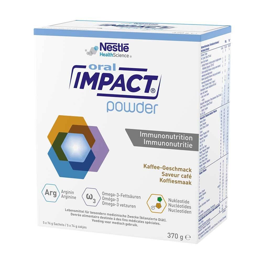 Weißer Karton mit "Oral Impact Powder"-Logo, Nestle-Logo, Kaffee-Geschmack-Hinweis und Nährwertangaben. 370g.