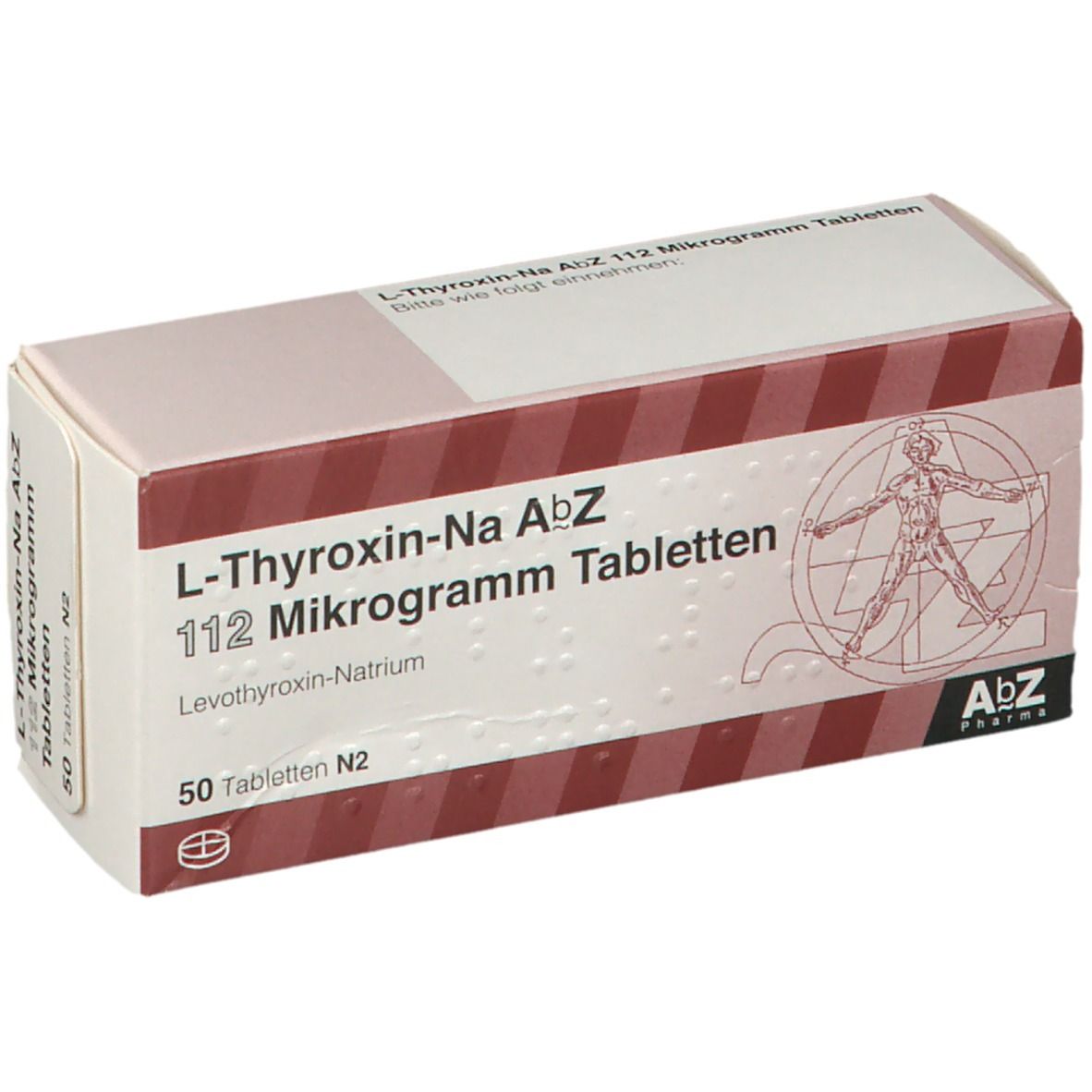 Schachtel mit L-Thyroxin-Na AbZ 112 Mikrogramm Tabletten. Aufschrift: 50 Tabletten N2. AbZ Pharma Logo.