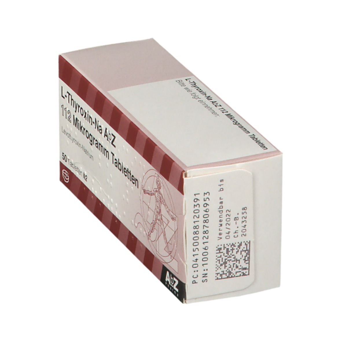 Schachtel L-Thyroxin-Na AbZ 112 Mikrogramm Tabletten. Aufdruck mit Chargennummer und Verfallsdatum. AbZ Pharma Logo.