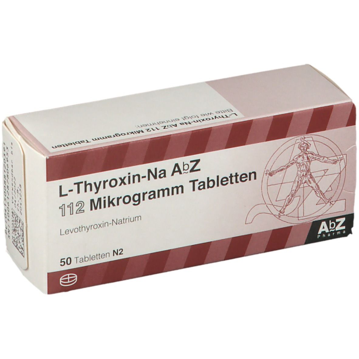 Schachtel mit L-Thyroxin-Na AbZ 112 Mikrogramm Tabletten. Aufschrift: 50 Tabletten N2. AbZ Pharma Logo.