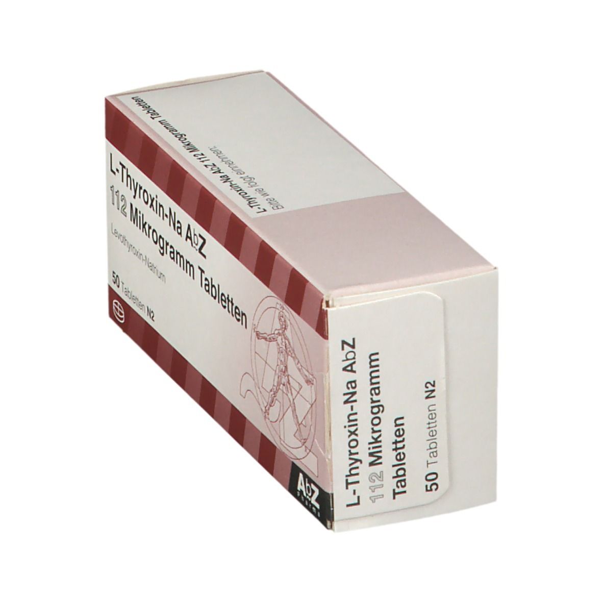 Schachtel mit L-Thyroxin-Na AbZ 112 Mikrogramm Tabletten. Aufschrift: 50 Tabletten N2. AbZ Pharma Logo.