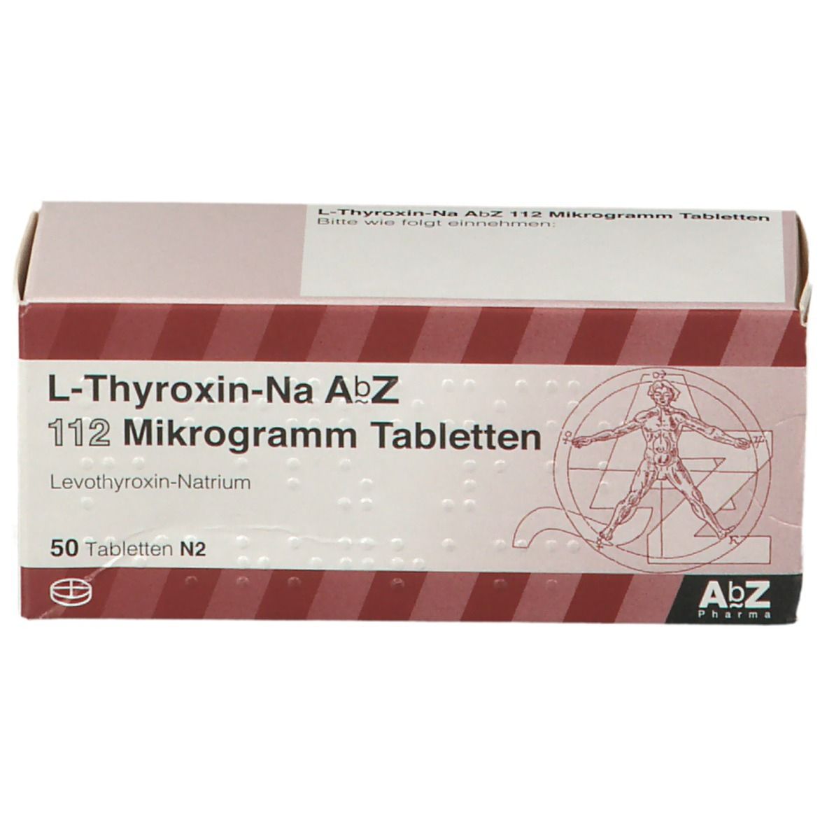 Schachtel mit L-Thyroxin-Na AbZ 112 Mikrogramm Tabletten. Aufschrift: 50 Tabletten N2. AbZ Pharma Logo.