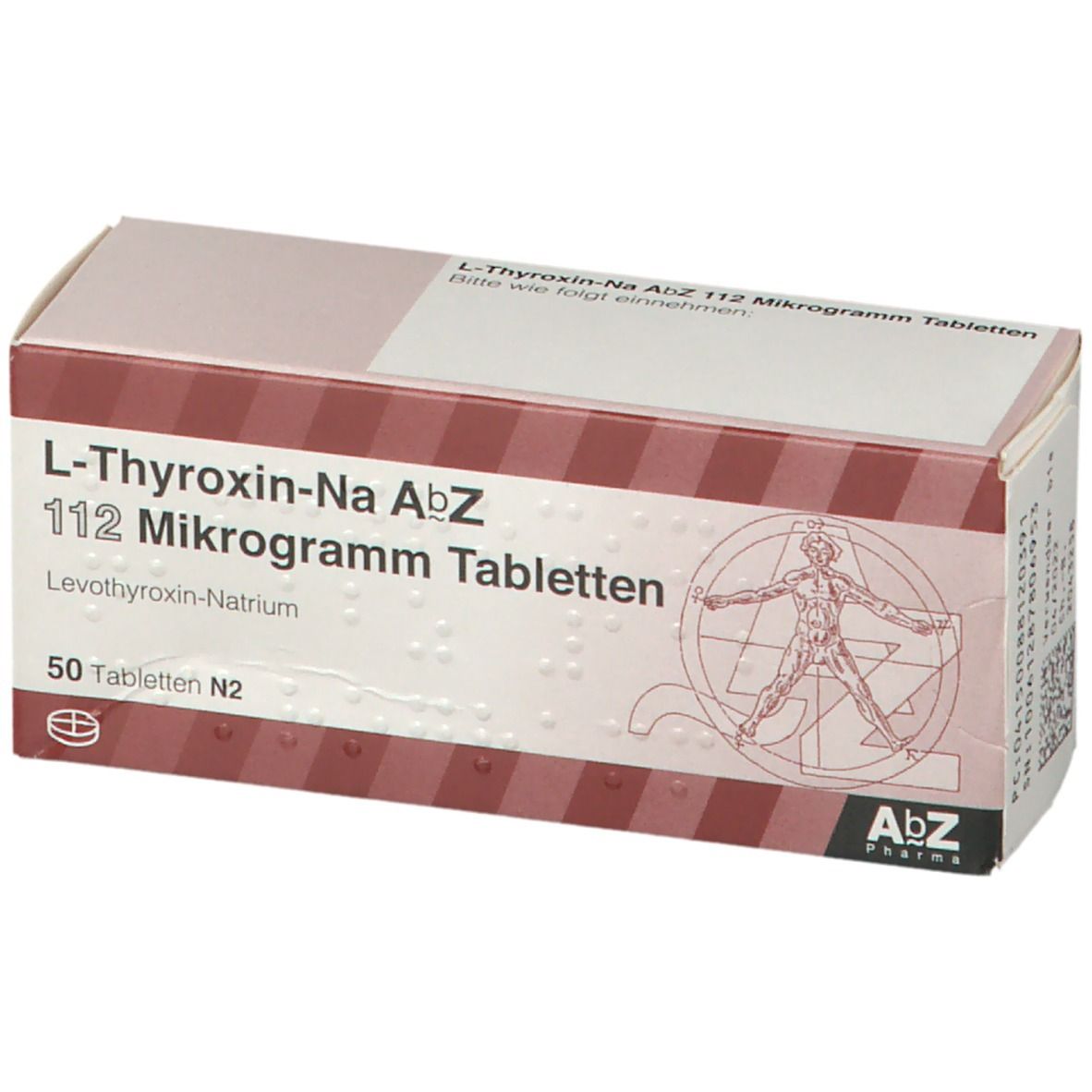Schachtel mit L-Thyroxin-Na AbZ 112 Mikrogramm Tabletten. Aufschrift: 50 Tabletten N2. AbZ Pharma Logo.