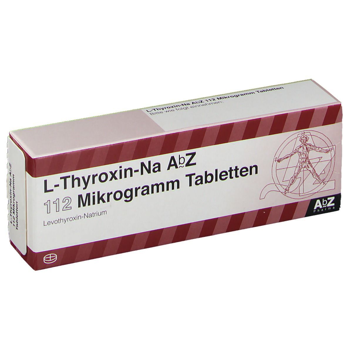 Schachtel mit L-Thyroxin-Na AbZ 112 Mikrogramm Tabletten. Aufschrift: 50 Tabletten N2. AbZ Pharma Logo.