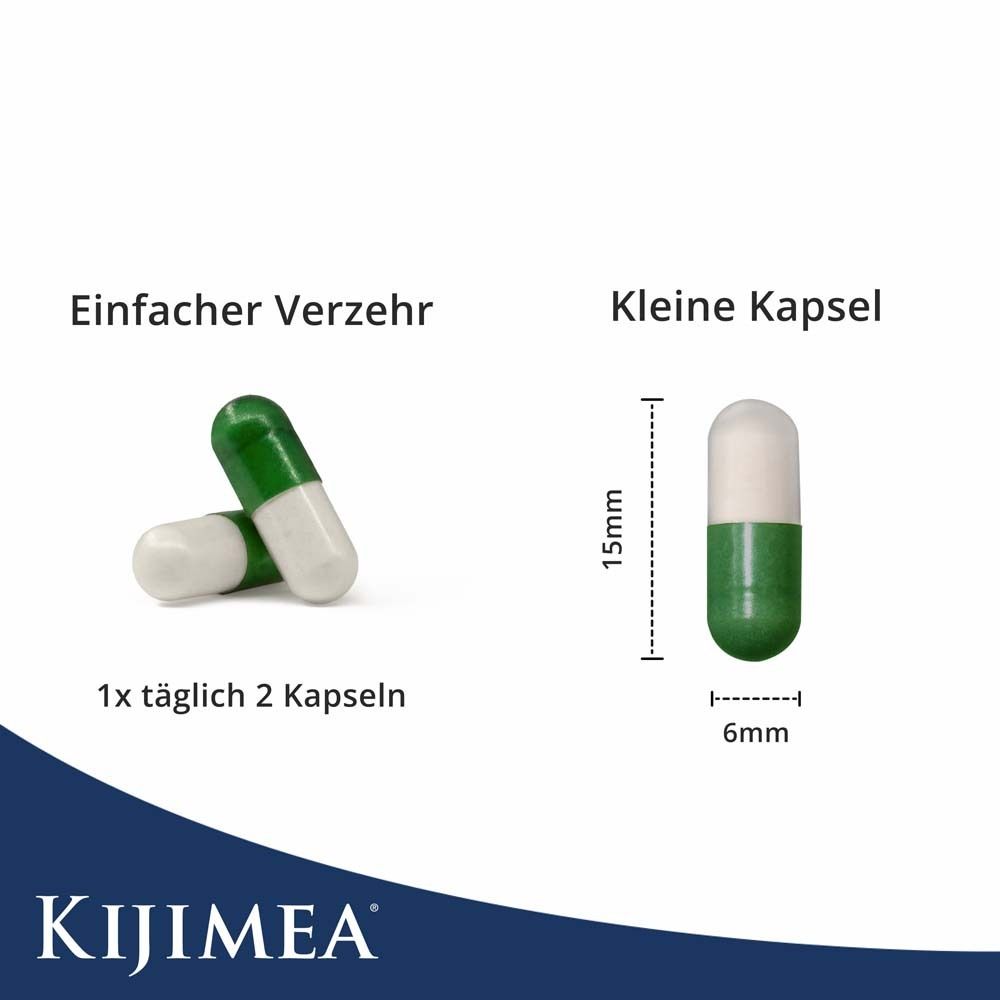 Zwei Kapseln, eine grün-weiß, die andere weiß. Maße: 15mm x 6mm. Text: 1x täglich 2 Kapseln.