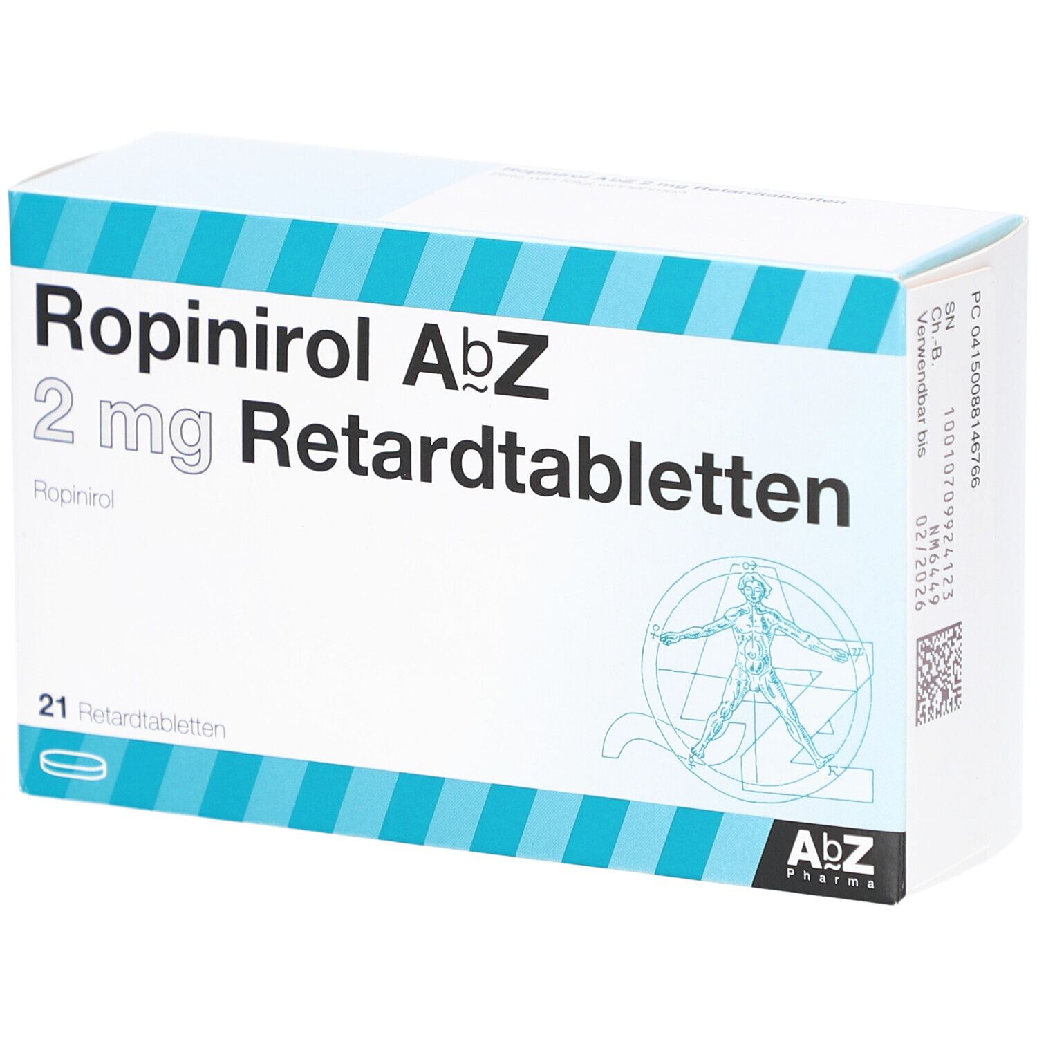 Schachtel mit Ropinirol AbZ 2 mg Retardtabletten. Aufschrift: 21 Retardtabletten. Logo: AbZ Pharma.