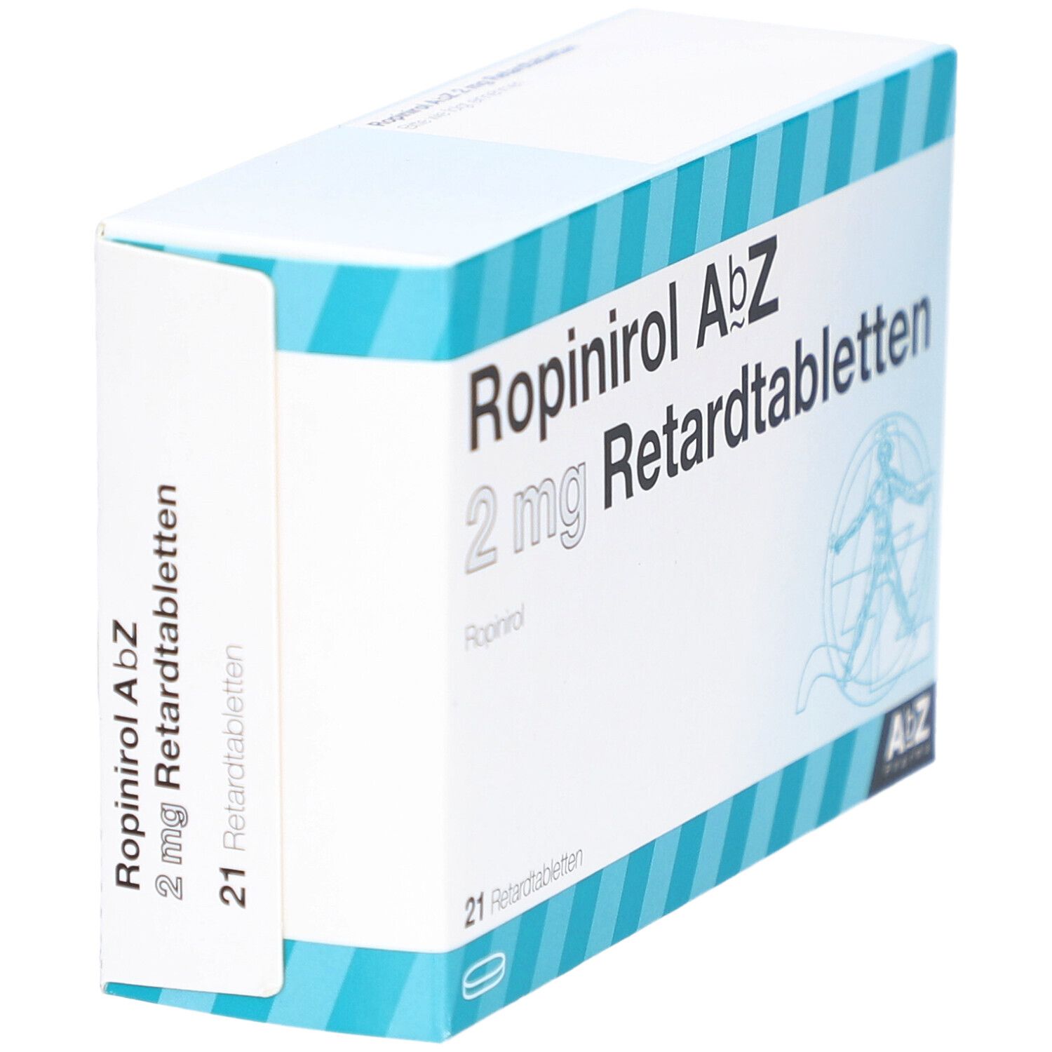 Schachtel mit Ropinirol AbZ 2 mg Retardtabletten. Aufschrift: 21 Retardtabletten. Logo: AbZ Pharma. Seitenansicht.