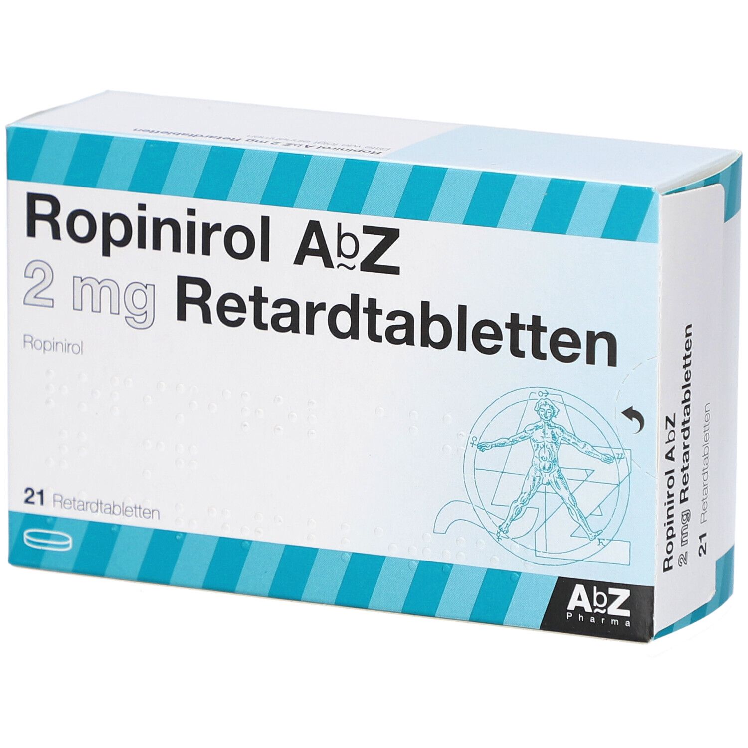 Schachtel mit Ropinirol AbZ 2 mg Retardtabletten. Aufschrift: 21 Retardtabletten. Logo: AbZ Pharma. Seitenansicht.