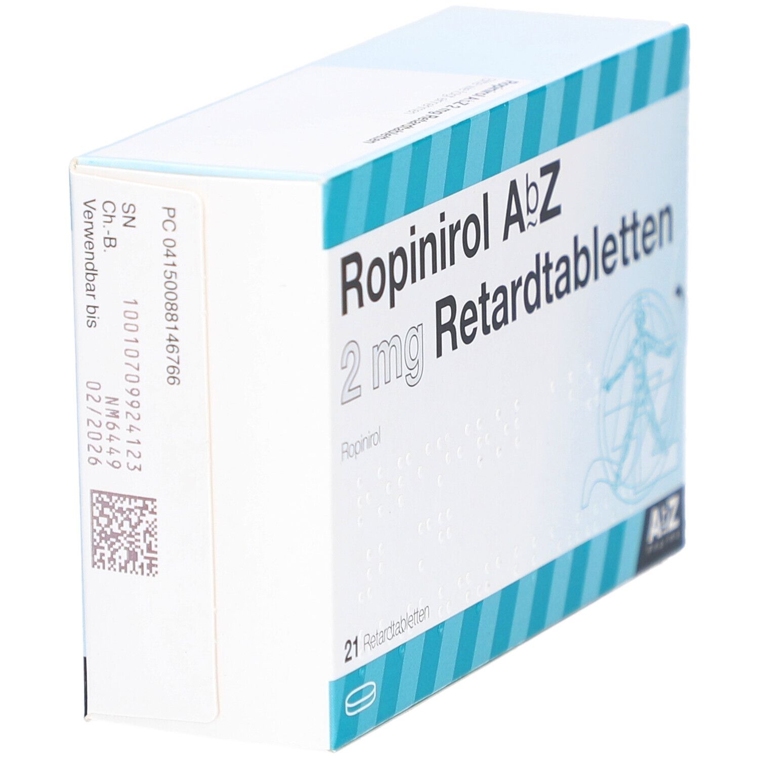 Schachtel mit Ropinirol AbZ 2 mg Retardtabletten. Aufschrift: 21 Retardtabletten. Logo: AbZ Pharma. Detailansicht.