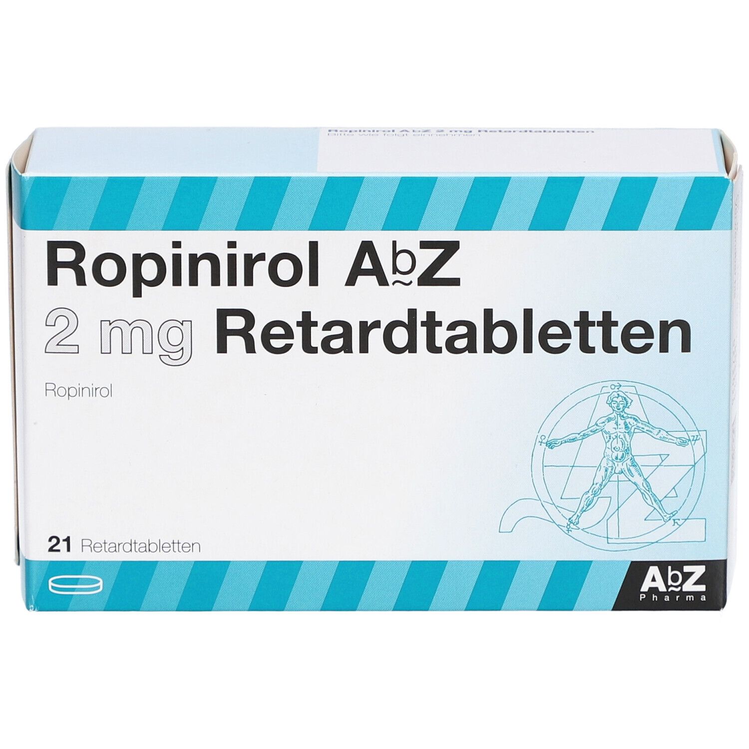 Schachtel mit Ropinirol AbZ 2 mg Retardtabletten. Aufschrift: 21 Retardtabletten. Logo: AbZ Pharma.