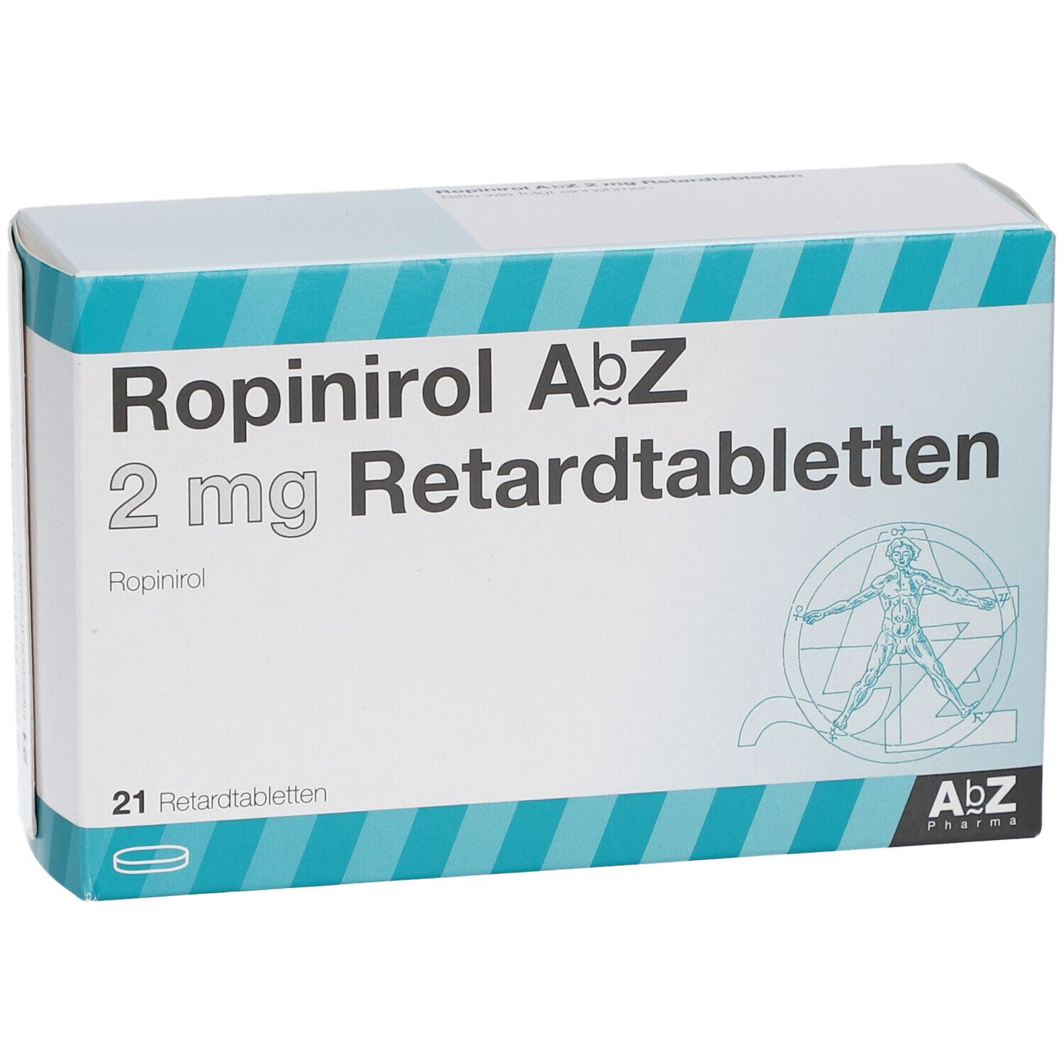 Schachtel mit Ropinirol AbZ 2 mg Retardtabletten. Aufschrift: 21 Retardtabletten. Logo: AbZ Pharma.