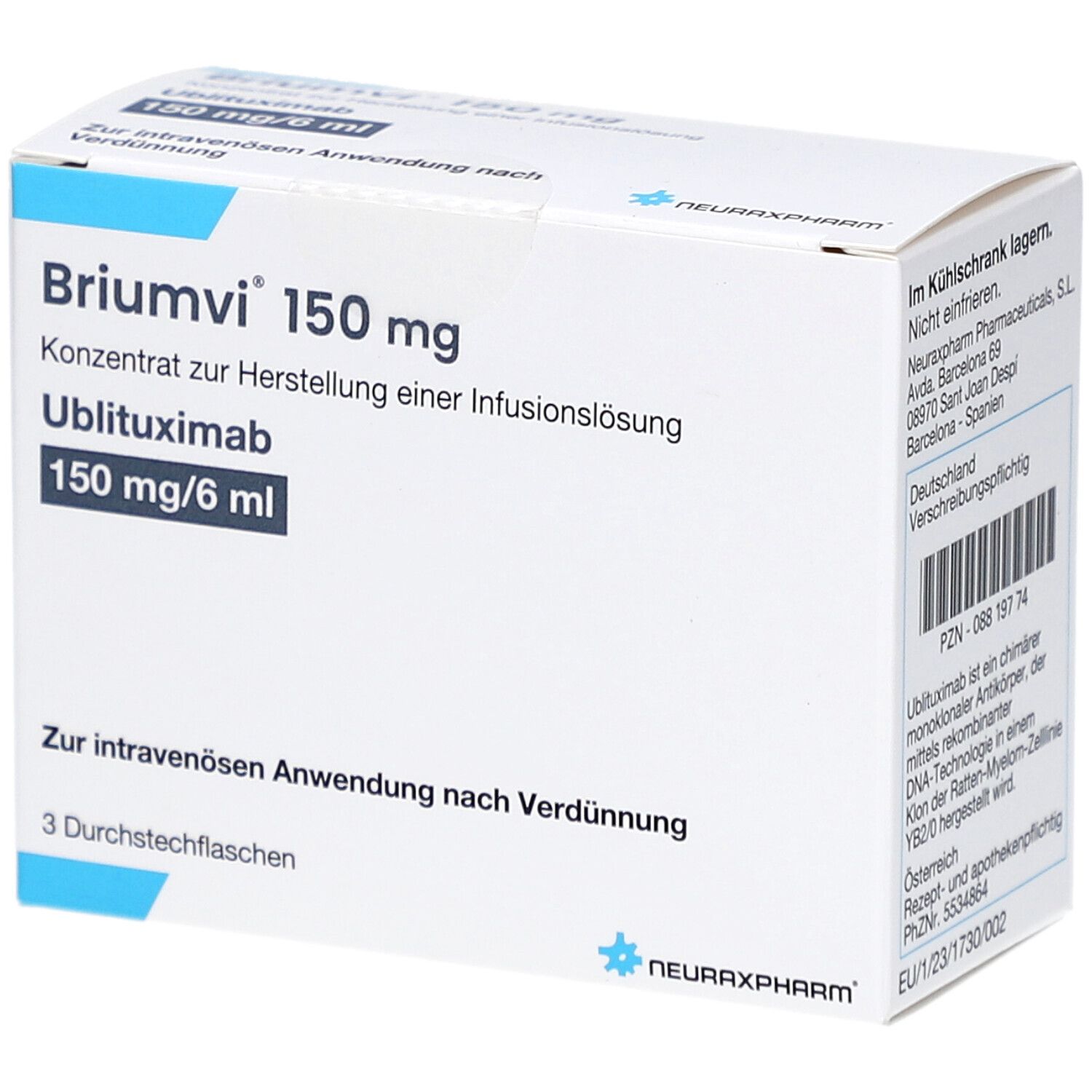 Briumvi 150 mg, Konzentrat zur Herstellung einer Infusionslösung. Packung mit 3 Durchstechflaschen. Enthält Ublituximab.