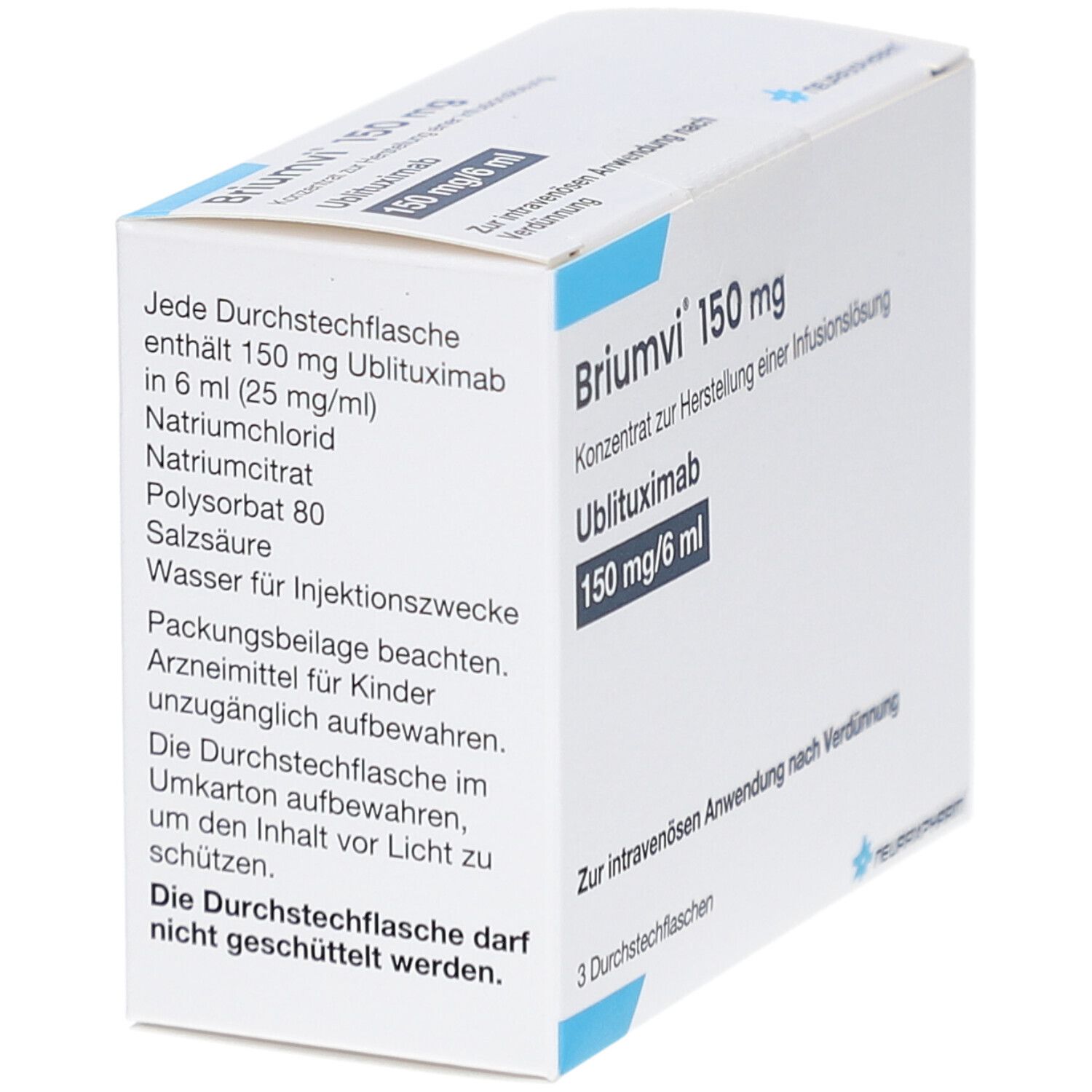 Briumvi 150 mg, Konzentrat zur Herstellung einer Infusionslösung. Packung mit 3 Durchstechflaschen. Enthält Ublituximab.
