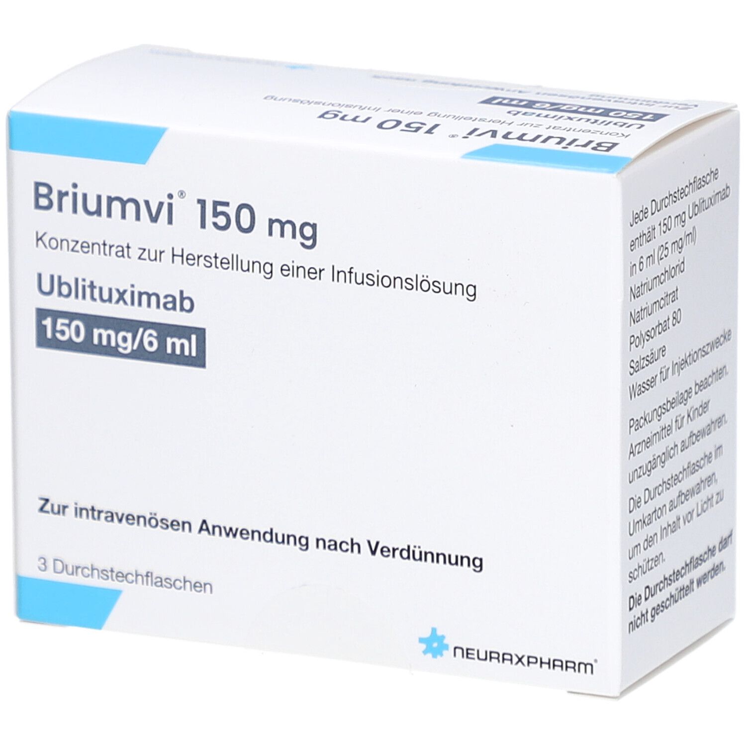 Briumvi 150 mg, Konzentrat zur Herstellung einer Infusionslösung. Packung mit 3 Durchstechflaschen. Enthält Ublituximab.