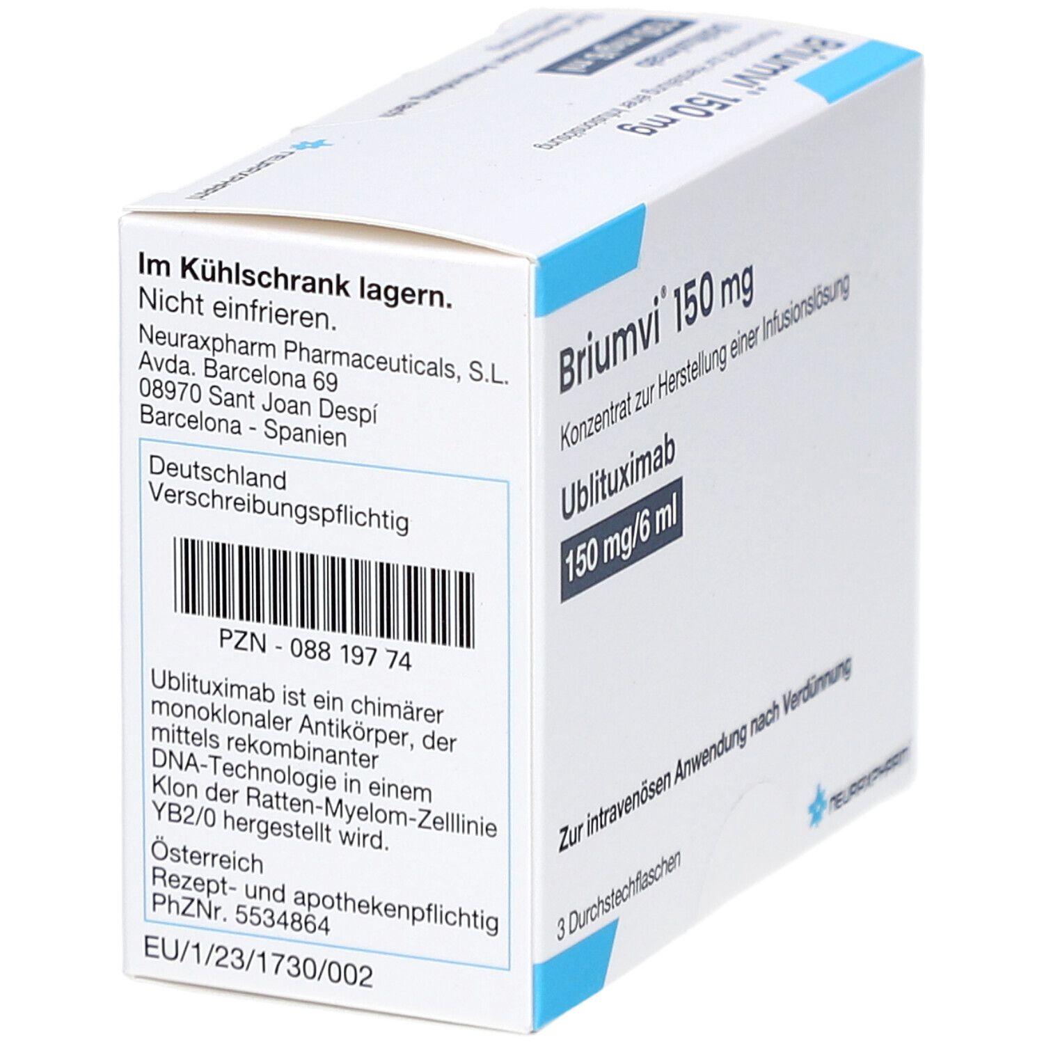 Briumvi 150 mg, Konzentrat zur Herstellung einer Infusionslösung. Packung mit 3 Durchstechflaschen. Enthält Ublituximab.