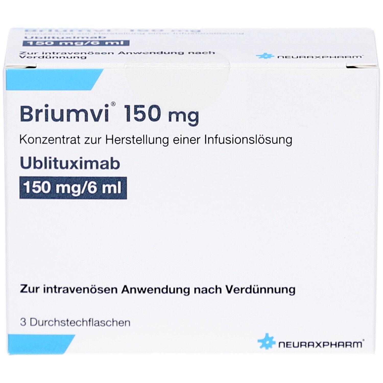 Briumvi 150 mg, Konzentrat zur Herstellung einer Infusionslösung. Packung mit 3 Durchstechflaschen. Enthält Ublituximab.