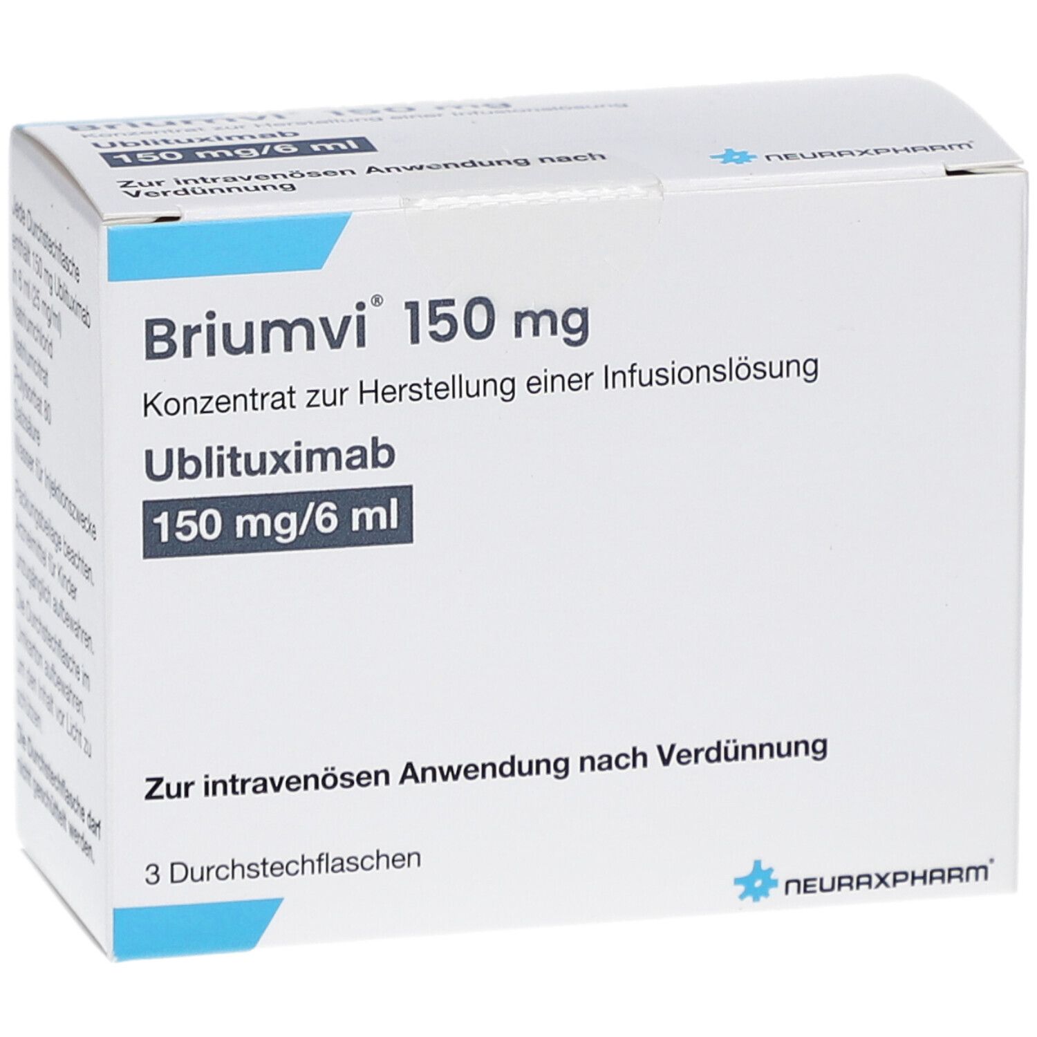 Briumvi 150 mg, Konzentrat zur Herstellung einer Infusionslösung. Packung mit 3 Durchstechflaschen. Enthält Ublituximab.