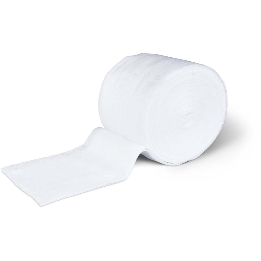 Weiße Verbandmullrolle, teilweise abgerollt. Material: Baumwolle. Auf weißem Hintergrund.