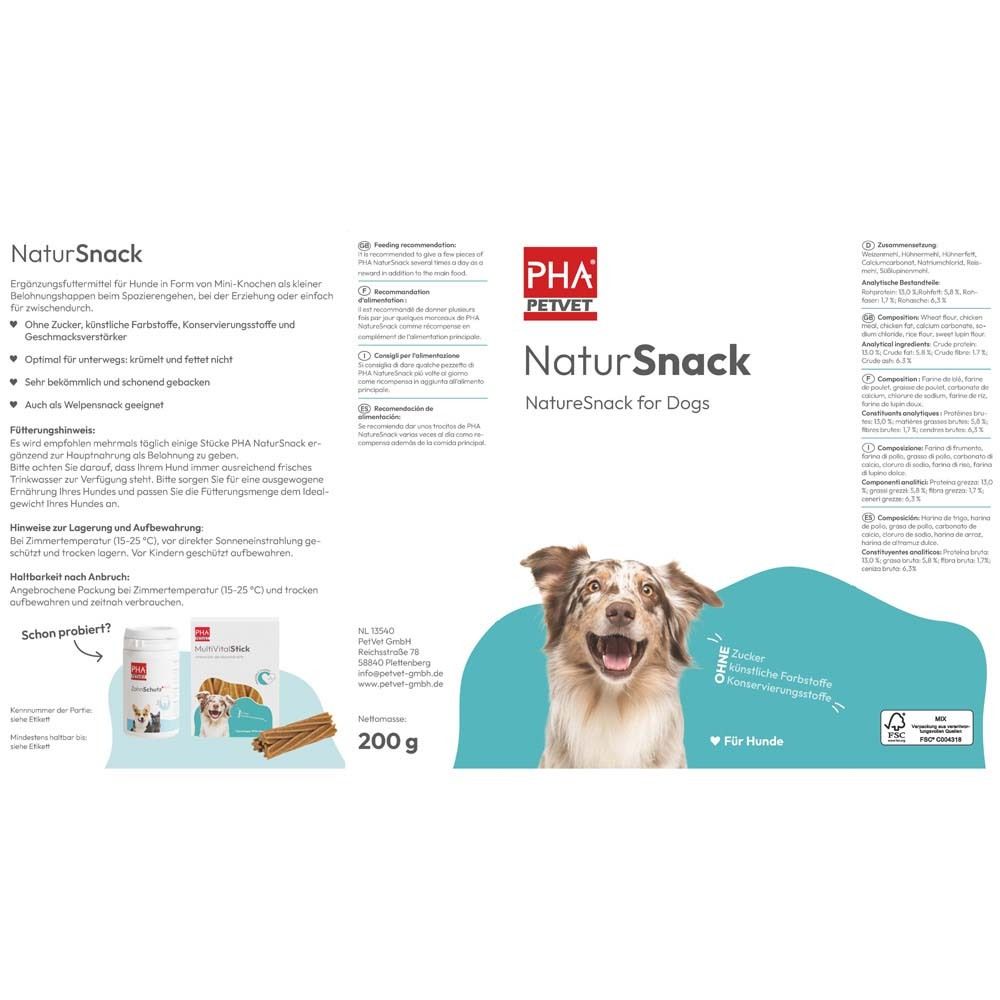 Verpackung mit Produktinformationen und Logo. Abbildung eines Hundes. Produktname NaturSnack. 200g-Angabe.