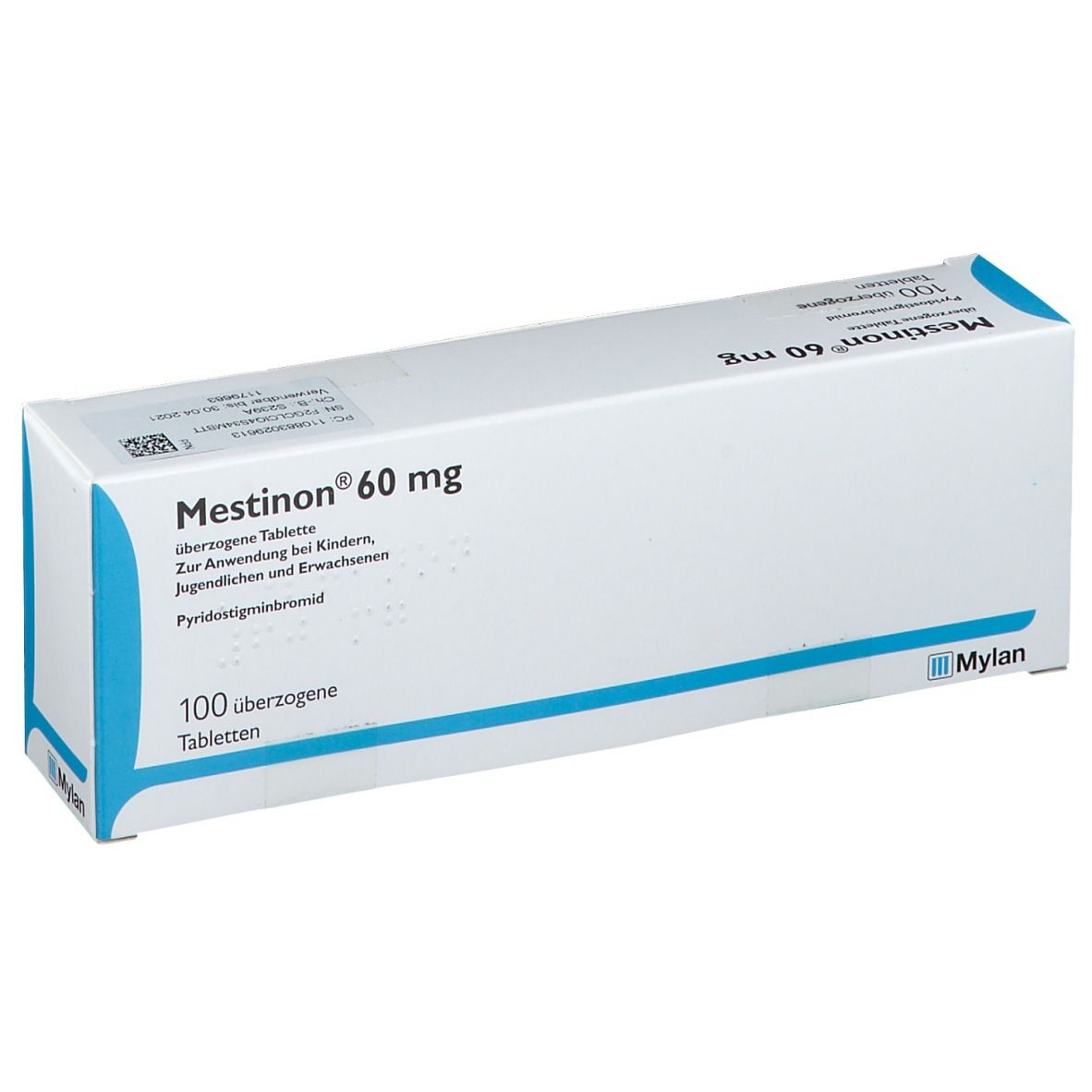 Schachtel mit "Mestinon 60 mg" und "100 überzogene Tabletten". Blaue und weiße Verpackung, Mylan Logo.